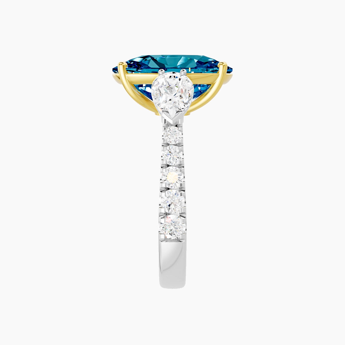 Classic Pear Trilogy with Reverse Shank | 18k White & Yellow Gold 5 ct Cushion Blue Lab Diamond Ring