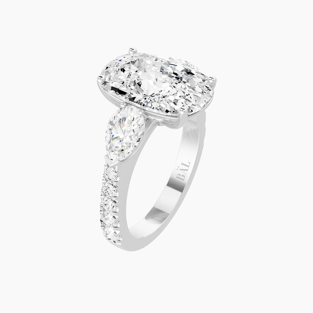 Classic Pear Trilogy with Reverse Shank | 18k White Gold 5 ct Cushion White Lab Diamond Ring