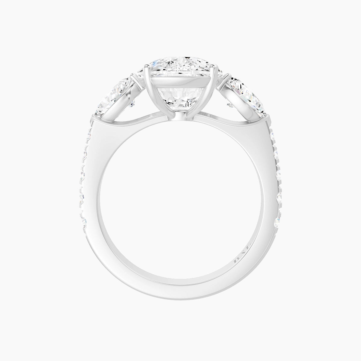 Classic Pear Trilogy with Reverse Shank | 18k White Gold 5 ct Cushion White Lab Diamond Ring
