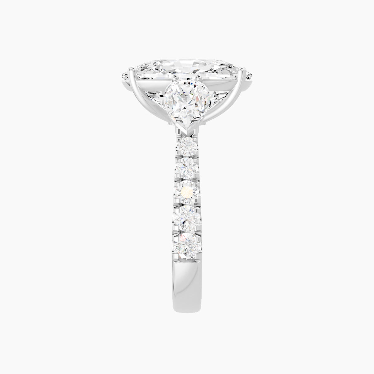 Classic Pear Trilogy with Reverse Shank | 18k White Gold 5 ct Cushion White Lab Diamond Ring