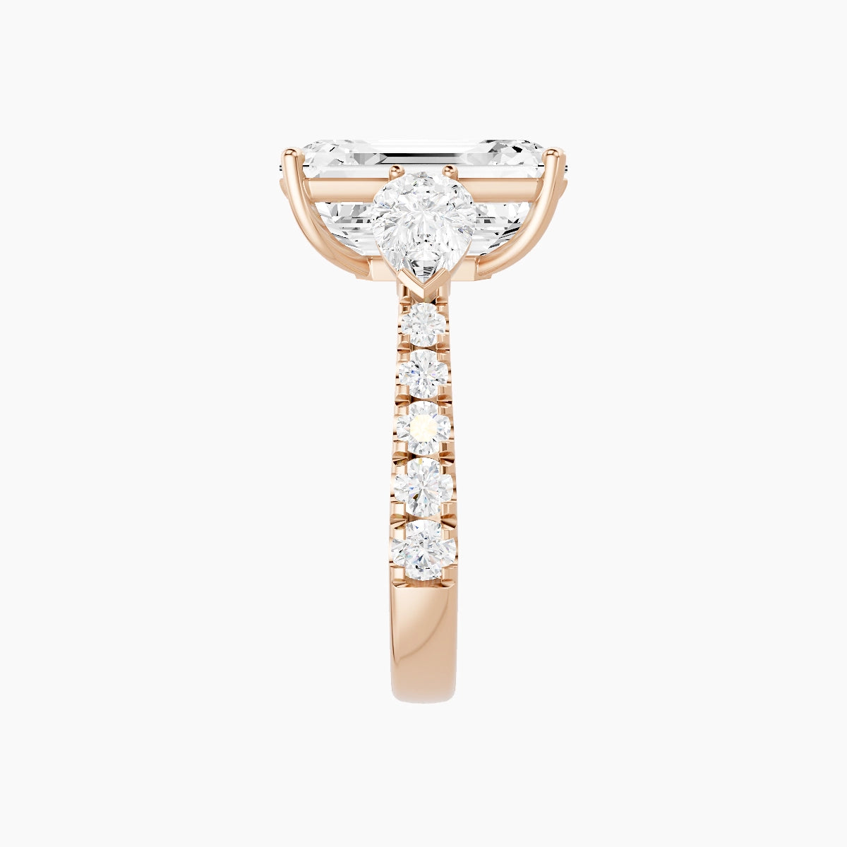 Classic Pear Trilogy with Reverse Shank | 18k Rose Gold 5 ct Emerald White Lab Diamond Ring