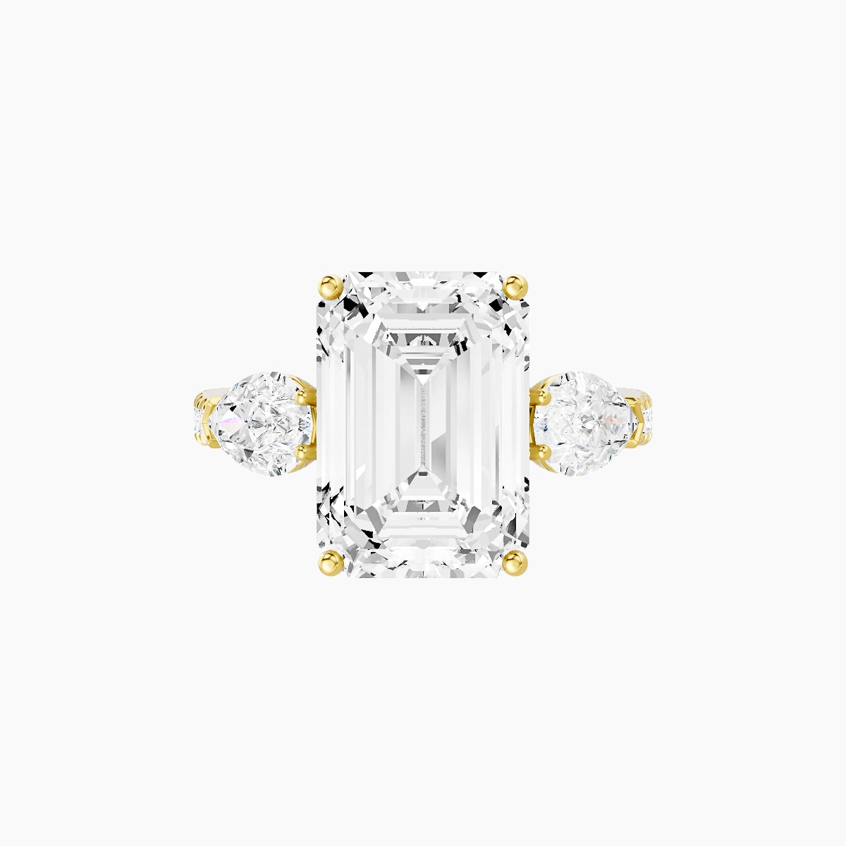 Classic Pear Trilogy with Reverse Shank | 18k Yellow Gold 5 ct Emerald White Lab Diamond Ring