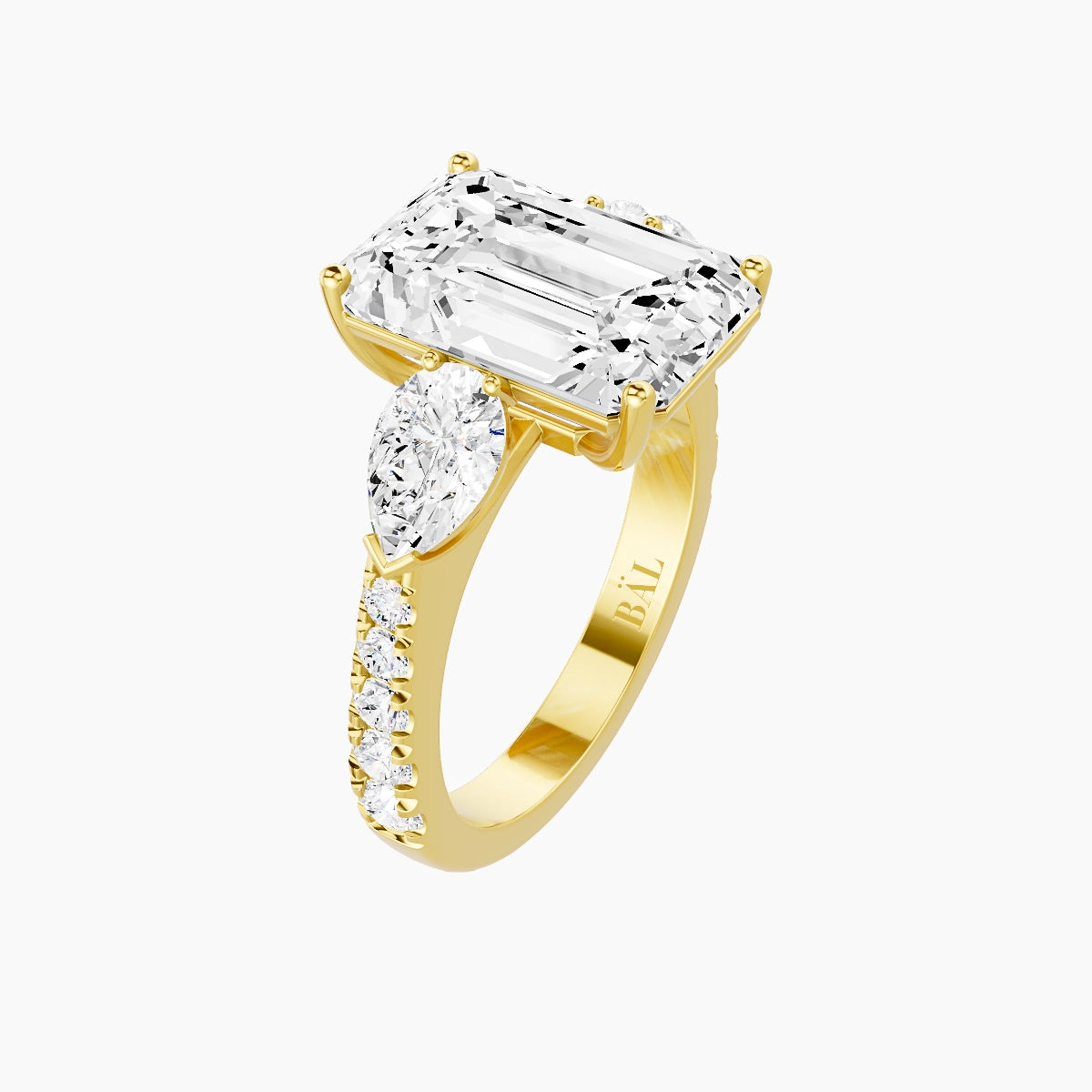 Classic Pear Trilogy with Reverse Shank | 18k Yellow Gold 5 ct Emerald White Lab Diamond Ring