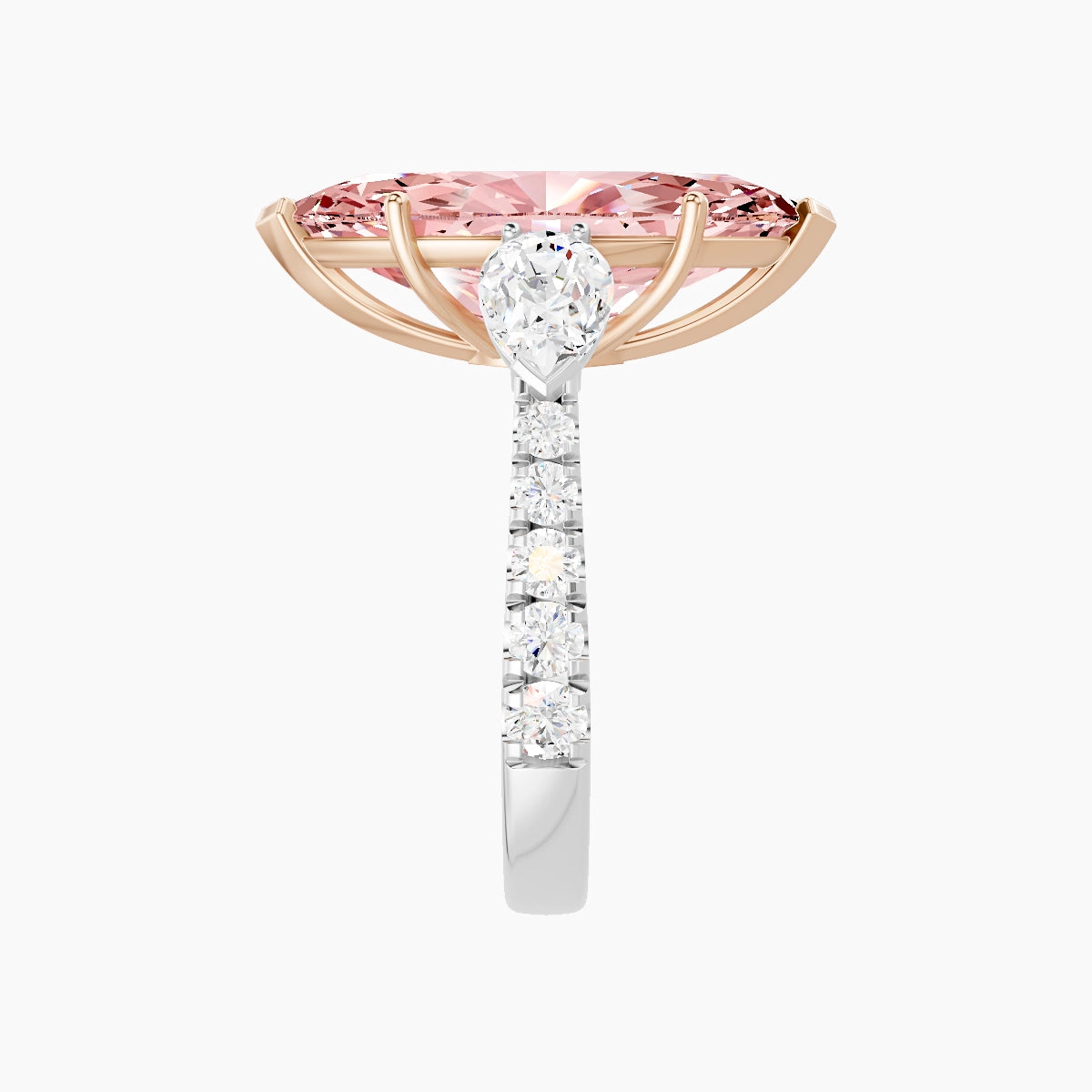 Classic Pear Trilogy with Reverse Shank | 18k White & Rose Gold 5 ct Marquise Pink Lab Diamond Ring