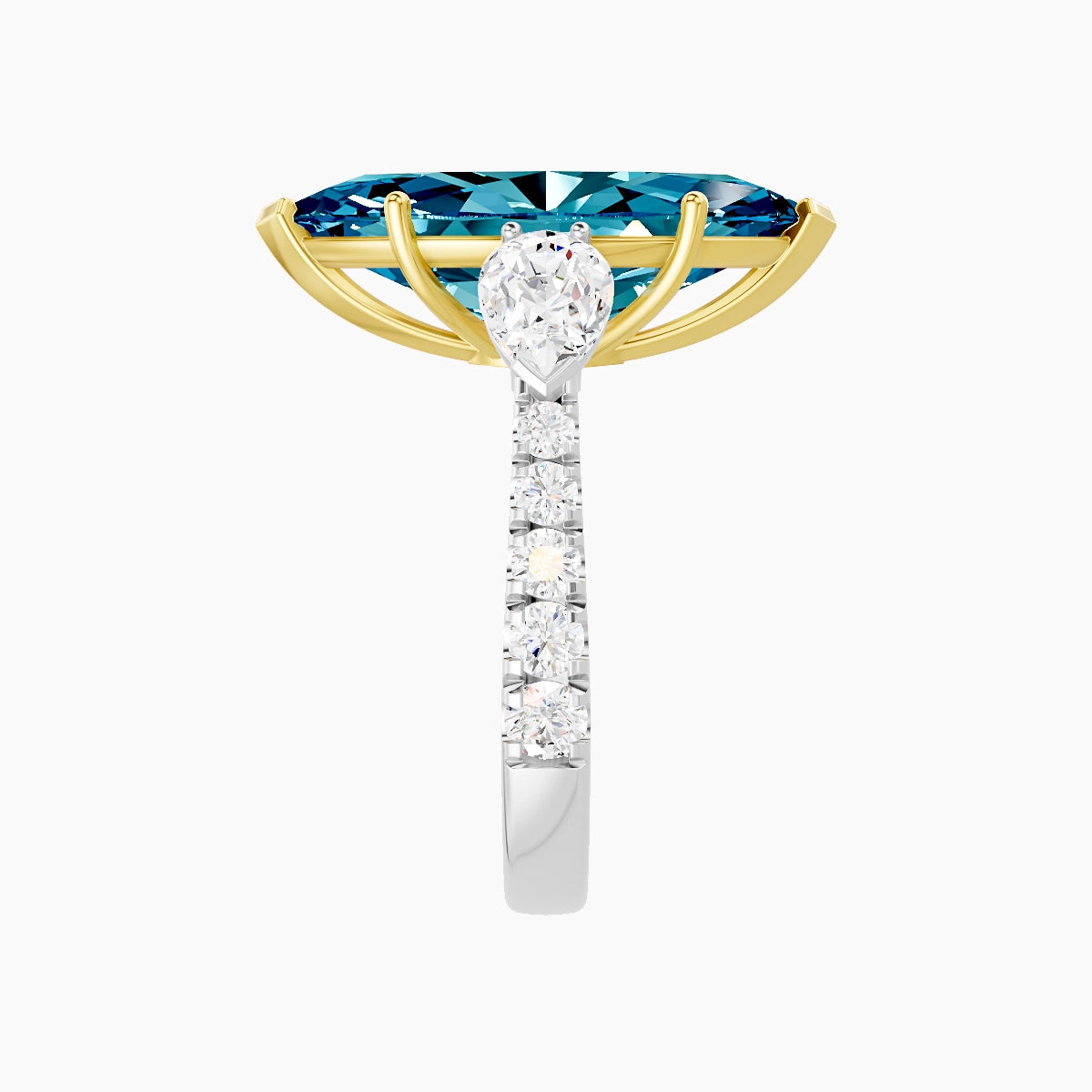 Classic Pear Trilogy with Reverse Shank | 18k White & Yellow Gold 5 ct Marquise Blue Lab Diamond Ring