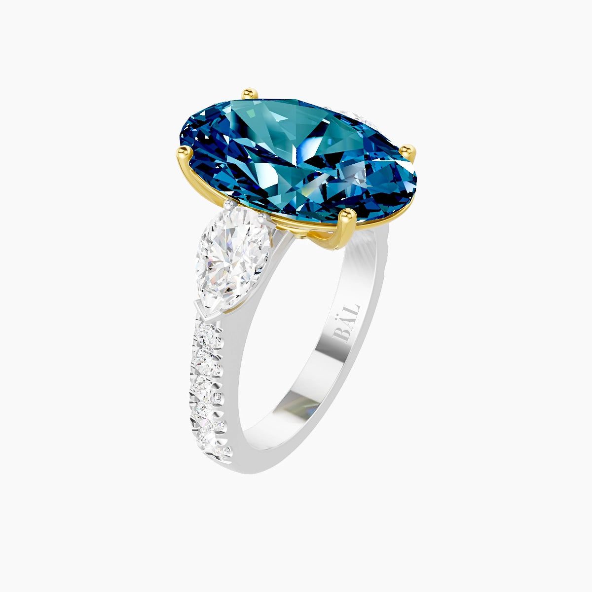 Classic Pear Trilogy with Reverse Shank | 18k White & Yellow Gold 5 ct Oval Blue Lab Diamond Ring