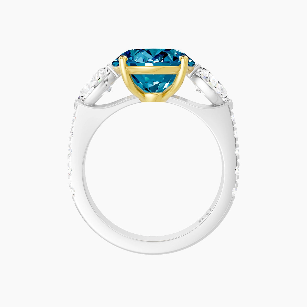 Classic Pear Trilogy with Reverse Shank | 18k White & Yellow Gold 5 ct Oval Blue Lab Diamond Ring