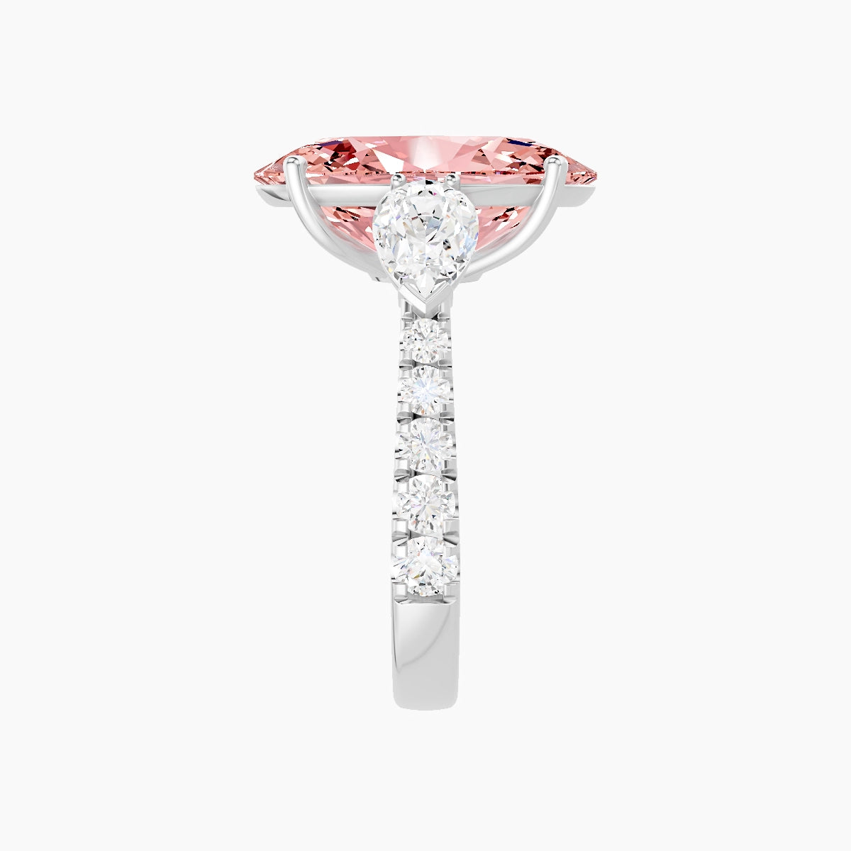 Classic Pear Trilogy with Reverse Shank | 18k White Gold 5 ct Oval Pink Lab Diamond Ring