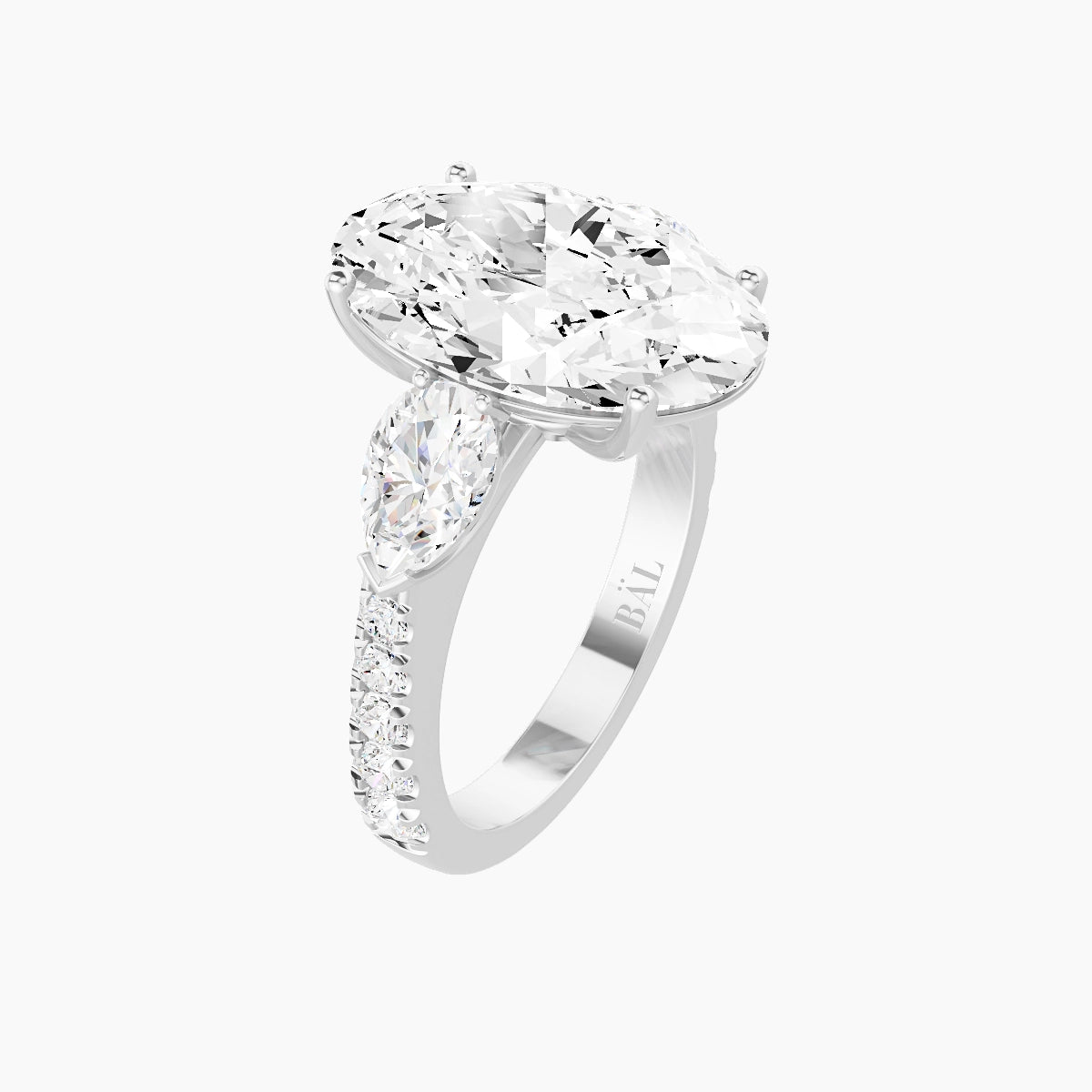 Classic Pear Trilogy with Reverse Shank | 18k White Gold 5 ct Oval White Lab Diamond Ring