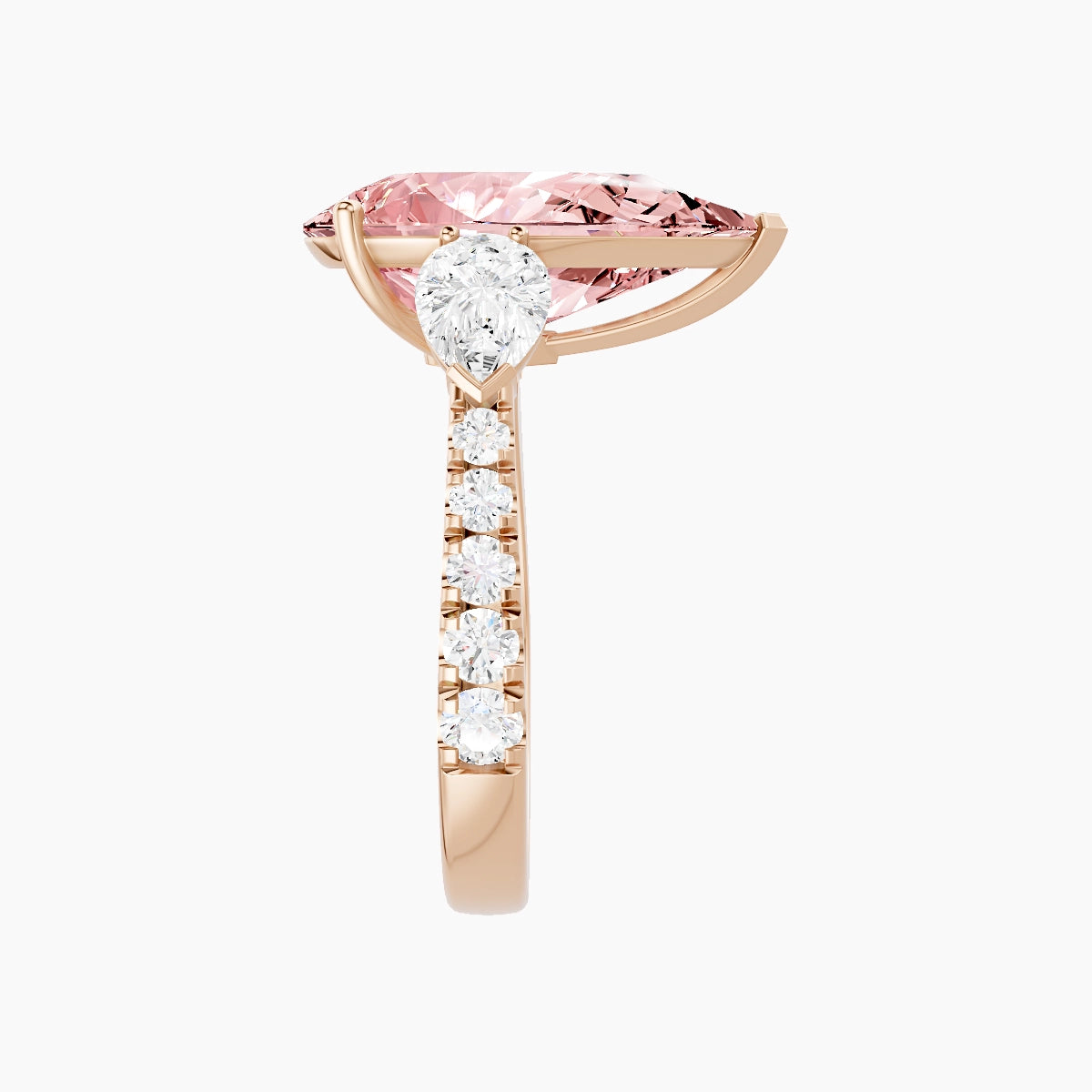 Classic Pear Trilogy with Reverse Shank | 18k Rose Gold 5 ct Pear Pink Lab Diamond Ring