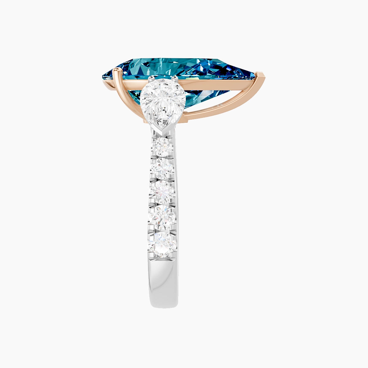 Classic Pear Trilogy with Reverse Shank | 18k White & Rose Gold 5 ct Pear Blue Lab Diamond Ring