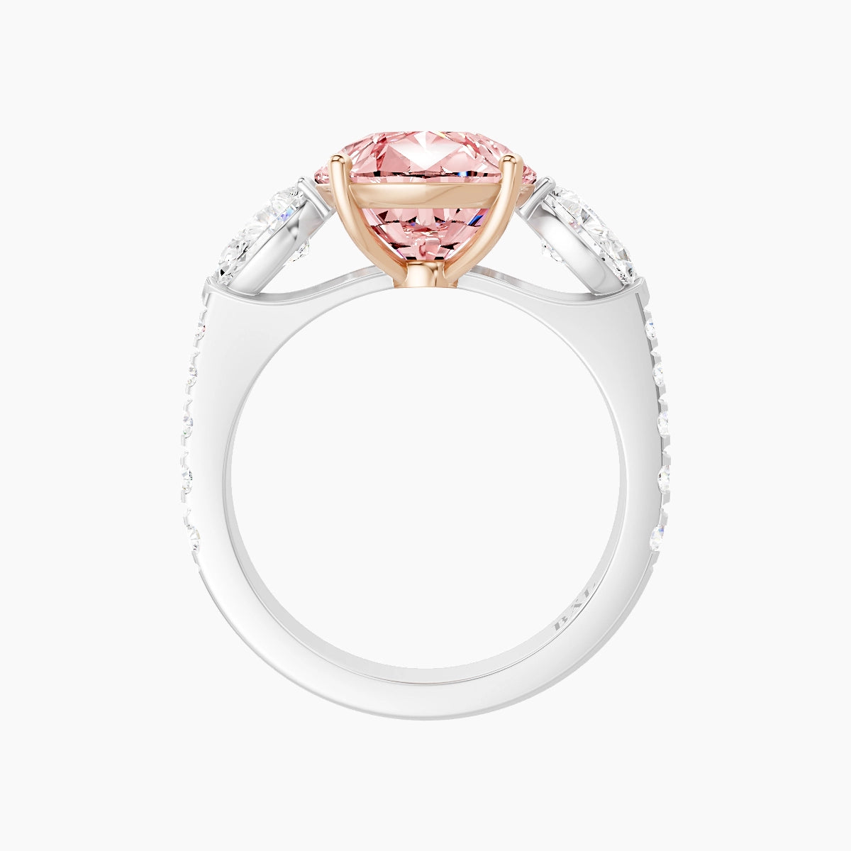 Classic Pear Trilogy with Reverse Shank | 18k White & Rose Gold 5 ct Pear Pink Lab Diamond Ring
