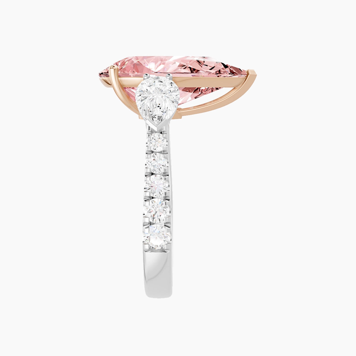 Classic Pear Trilogy with Reverse Shank | 18k White & Rose Gold 5 ct Pear Pink Lab Diamond Ring