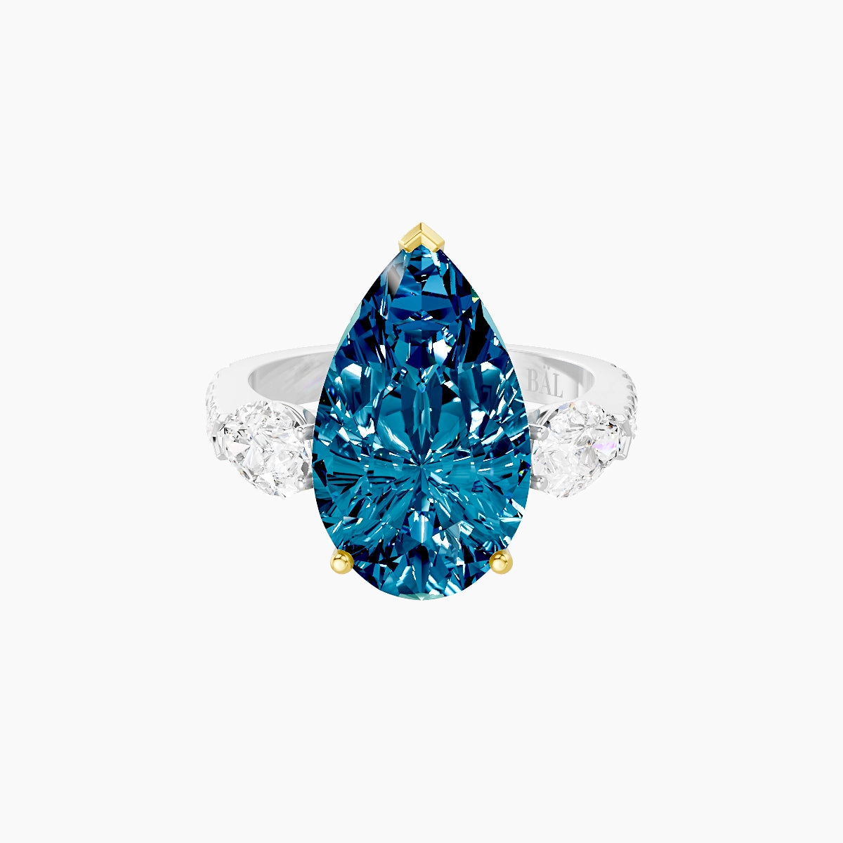 Classic Pear Trilogy with Reverse Shank | 18k White & Yellow Gold 5 ct Pear Blue Lab Diamond Ring