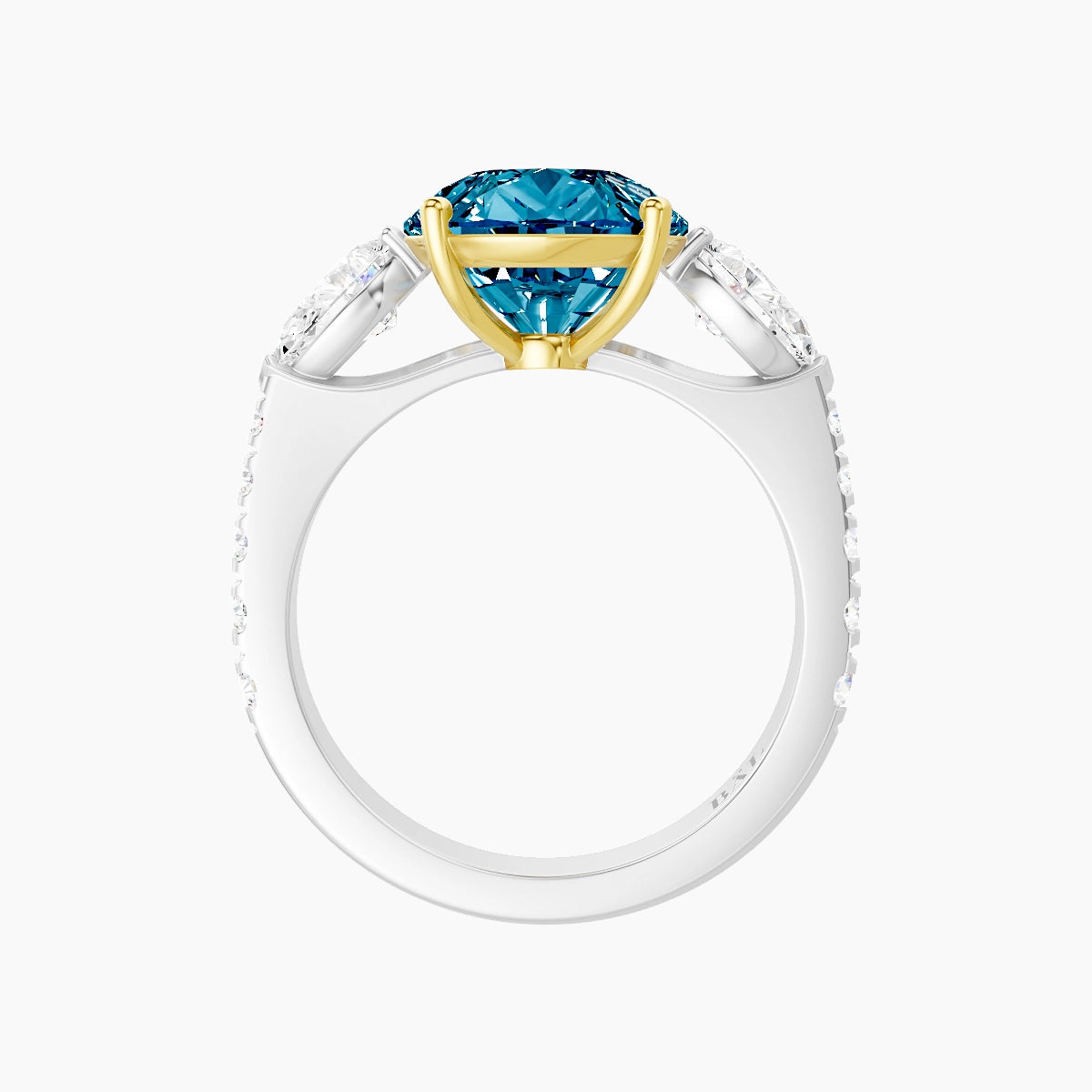 Classic Pear Trilogy with Reverse Shank | 18k White & Yellow Gold 5 ct Pear Blue Lab Diamond Ring