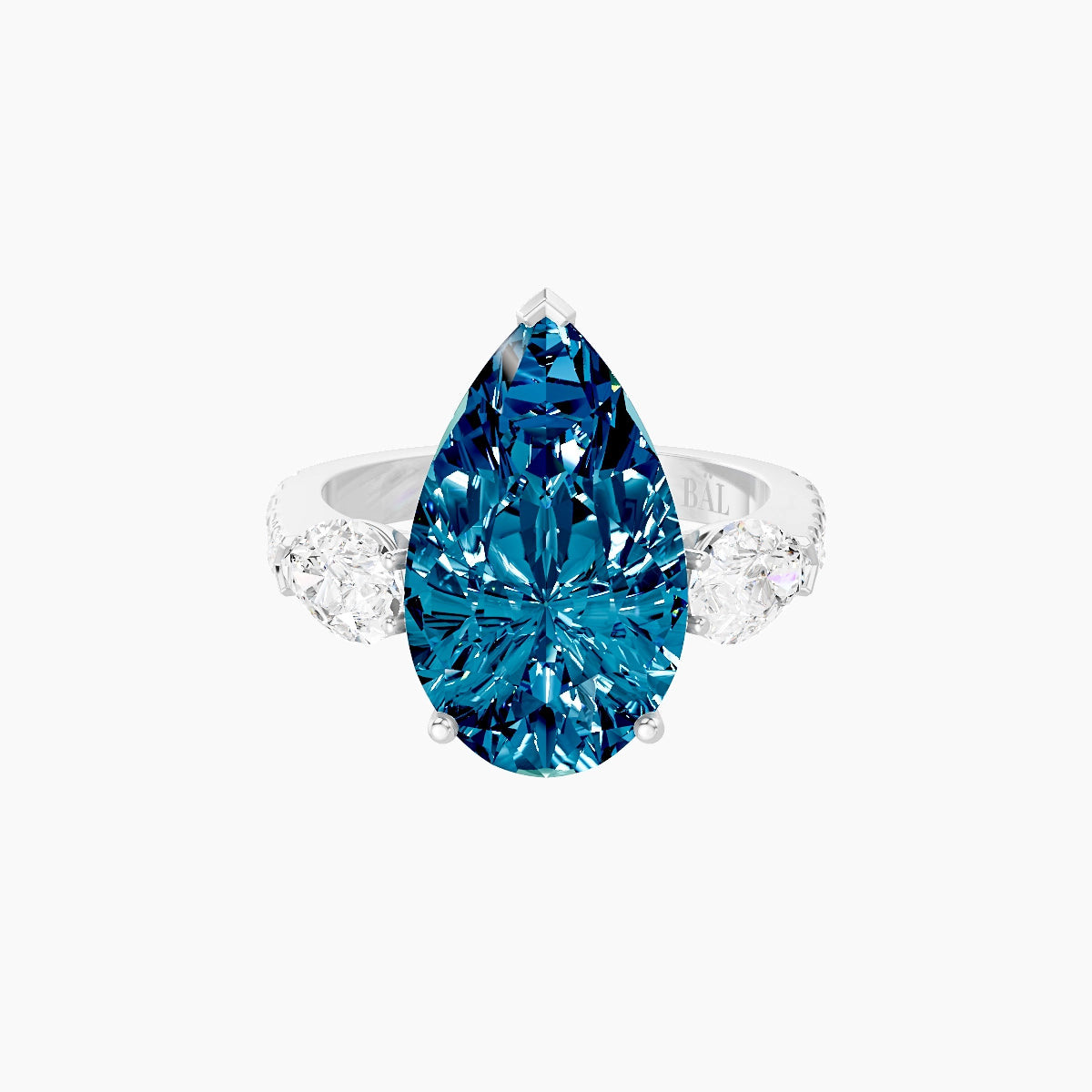 Classic Pear Trilogy with Reverse Shank | 18k White Gold 5 ct Pear Blue Lab Diamond Ring