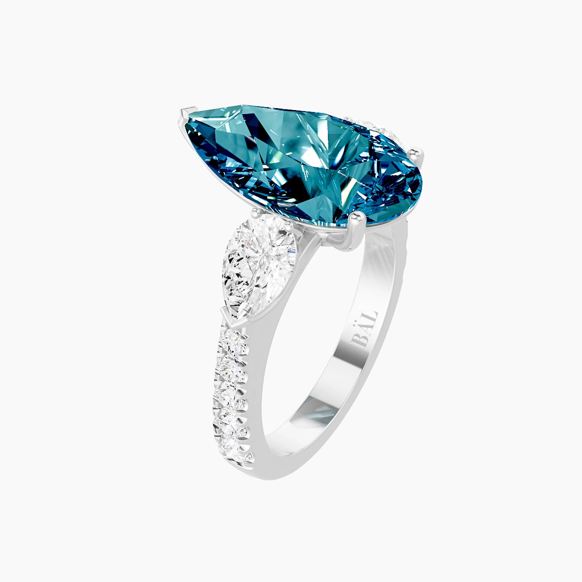 Classic Pear Trilogy with Reverse Shank | 18k White Gold 5 ct Pear Blue Lab Diamond Ring