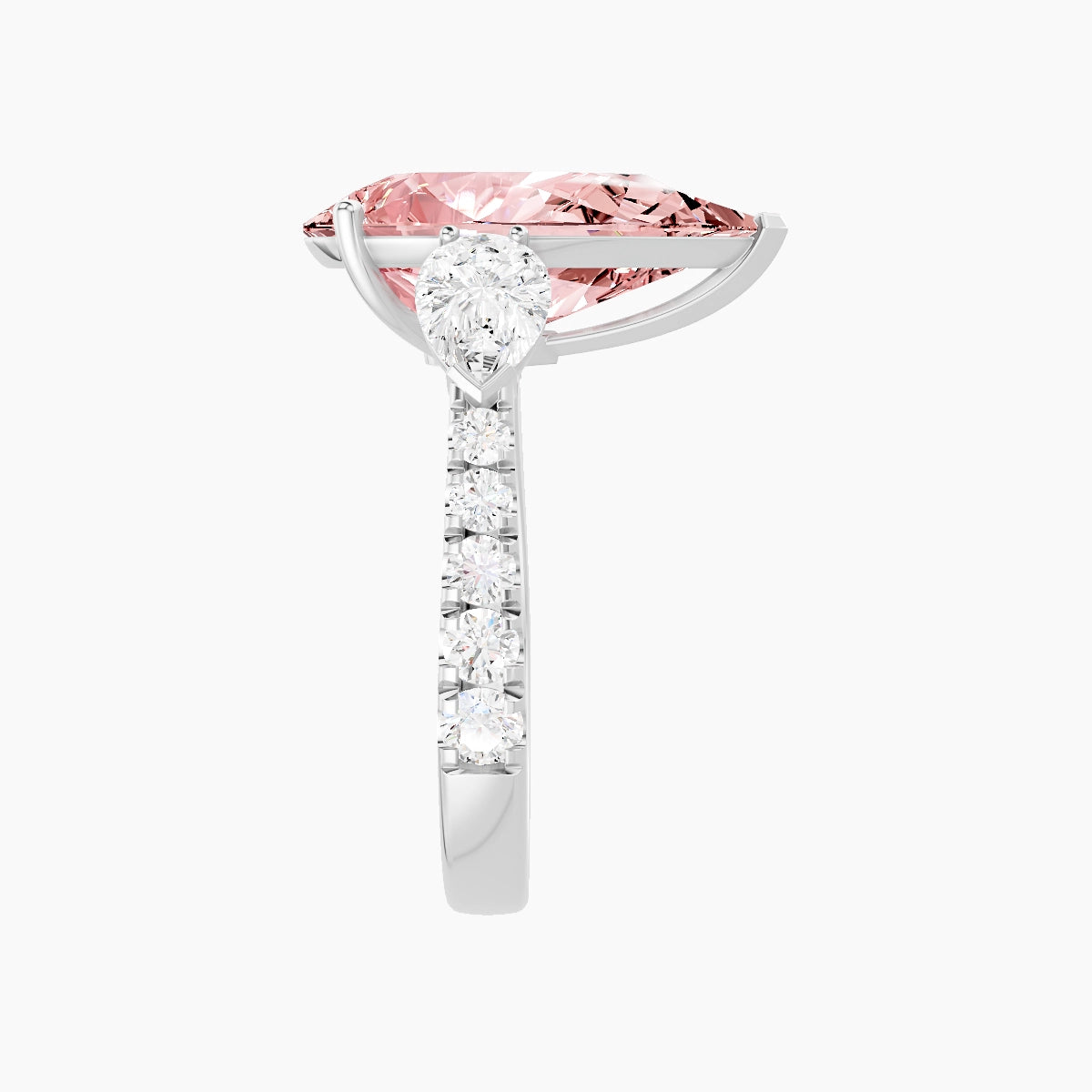Classic Pear Trilogy with Reverse Shank | 18k White Gold 5 ct Pear Pink Lab Diamond Ring
