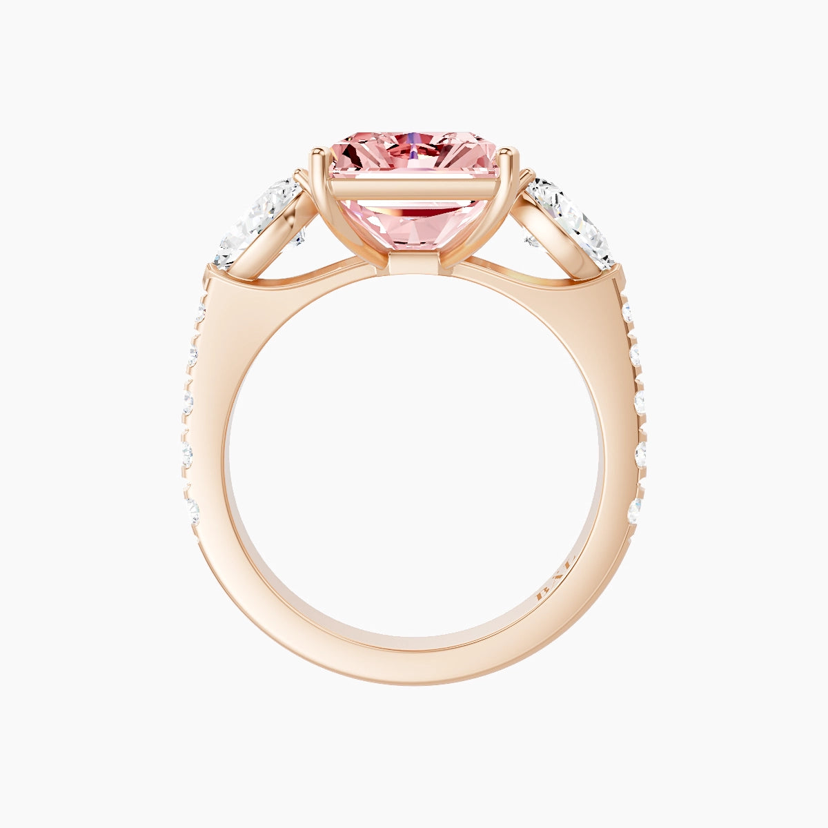 Classic Pear Trilogy with Reverse Shank | 18k Rose Gold 5 ct Radiant Pink Lab Diamond Ring