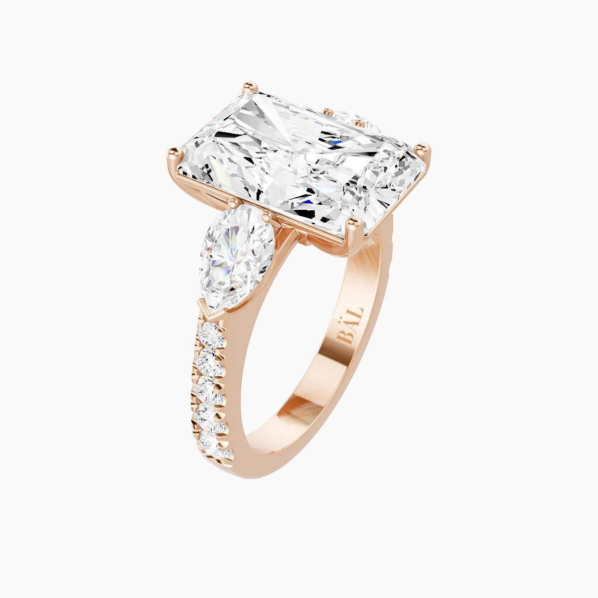 Classic Pear Trilogy with Reverse Shank | 18k Rose Gold 5 ct Radiant White Lab Diamond Ring