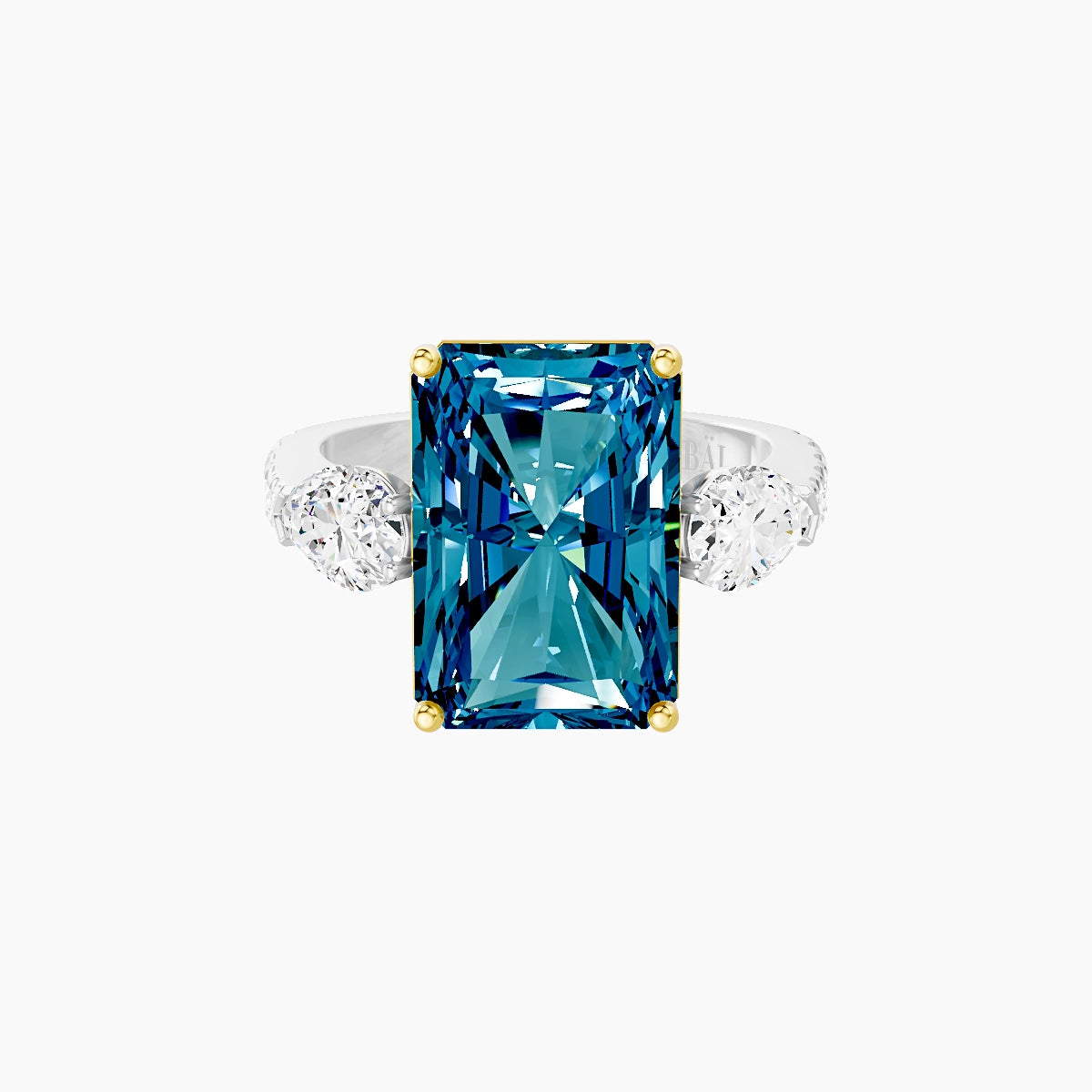 Classic Pear Trilogy with Reverse Shank | 18k White & Yellow Gold 5 ct Radiant Blue Lab Diamond Ring