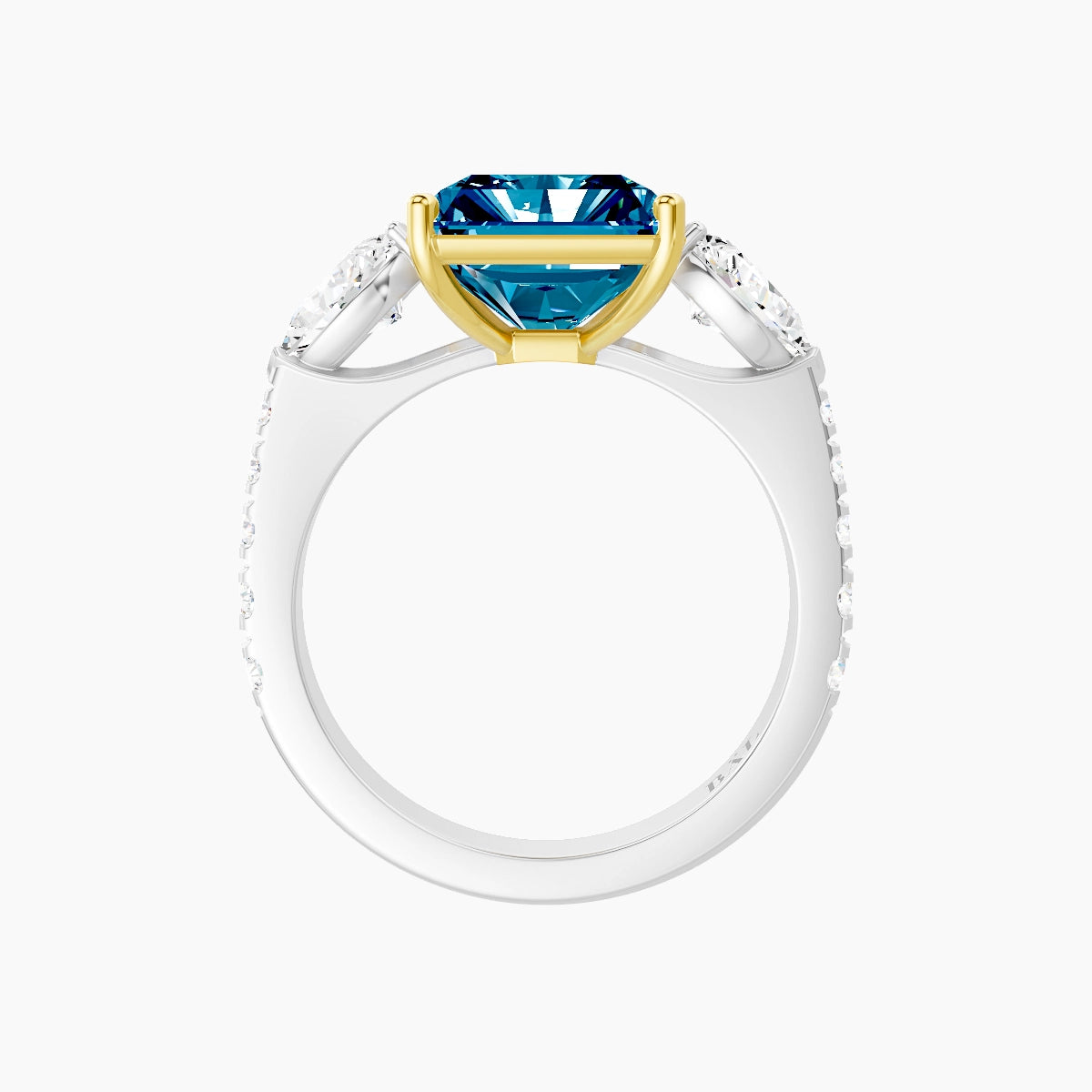 Classic Pear Trilogy with Reverse Shank | 18k White & Yellow Gold 5 ct Radiant Blue Lab Diamond Ring