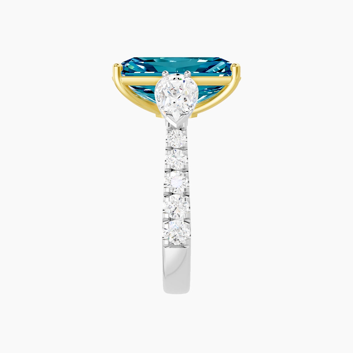 Classic Pear Trilogy with Reverse Shank | 18k White & Yellow Gold 5 ct Radiant Blue Lab Diamond Ring