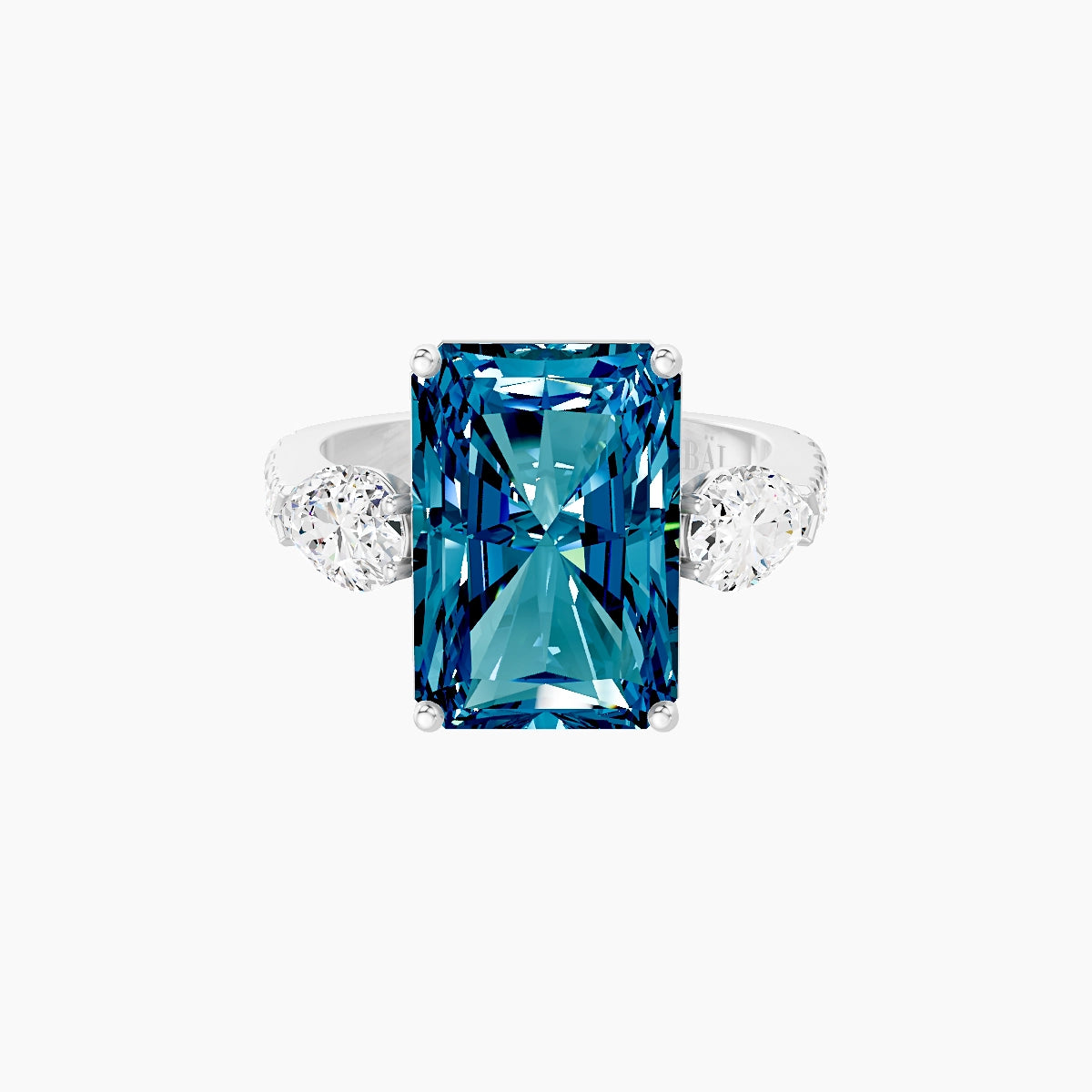 Classic Pear Trilogy with Reverse Shank | 18k White Gold 5 ct Radiant Blue Lab Diamond Ring