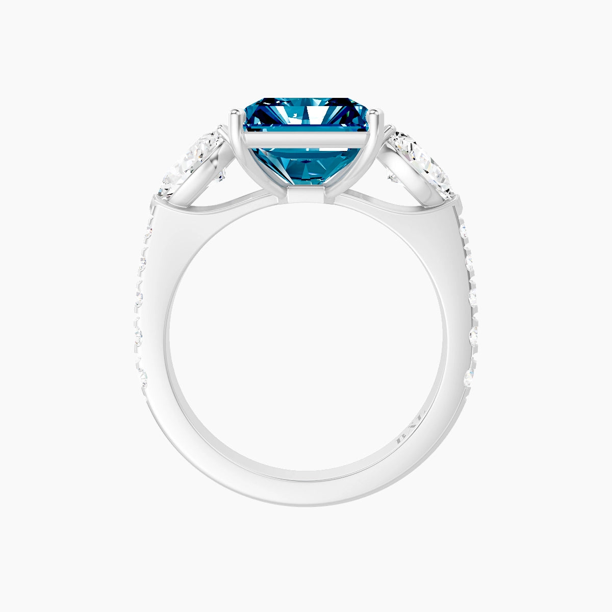 Classic Pear Trilogy with Reverse Shank | 18k White Gold 5 ct Radiant Blue Lab Diamond Ring
