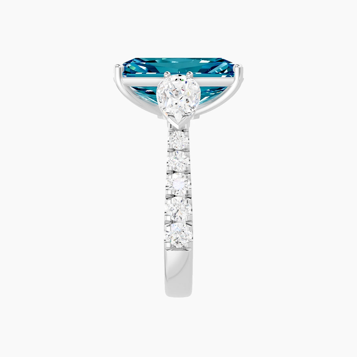 Classic Pear Trilogy with Reverse Shank | 18k White Gold 5 ct Radiant Blue Lab Diamond Ring
