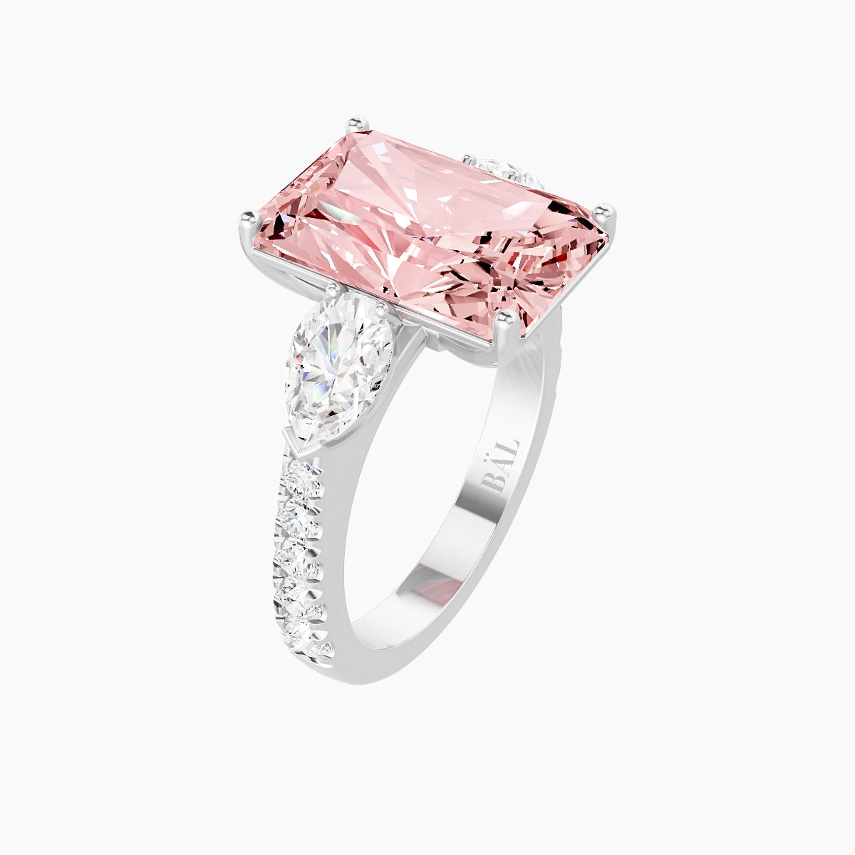 Classic Pear Trilogy with Reverse Shank | 18k White Gold 5 ct Radiant Pink Lab Diamond Ring