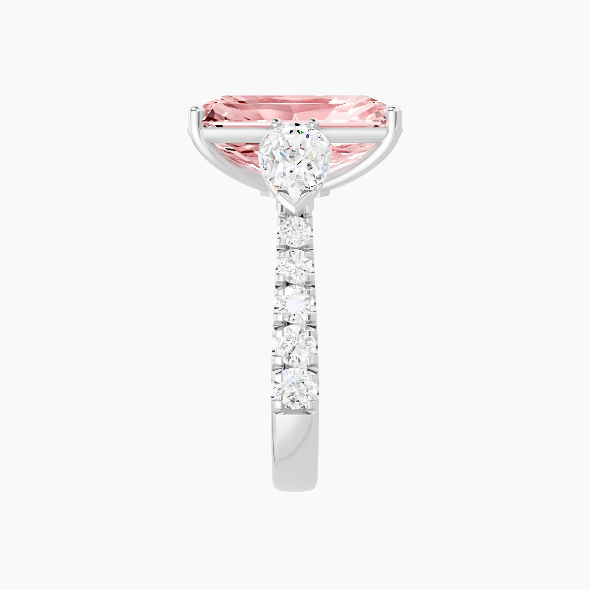 Classic Pear Trilogy with Reverse Shank | 18k White Gold 5 ct Radiant Pink Lab Diamond Ring