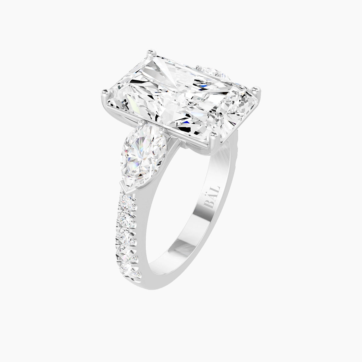 Classic Pear Trilogy with Reverse Shank | 18k White Gold 5 ct Radiant White Lab Diamond Ring