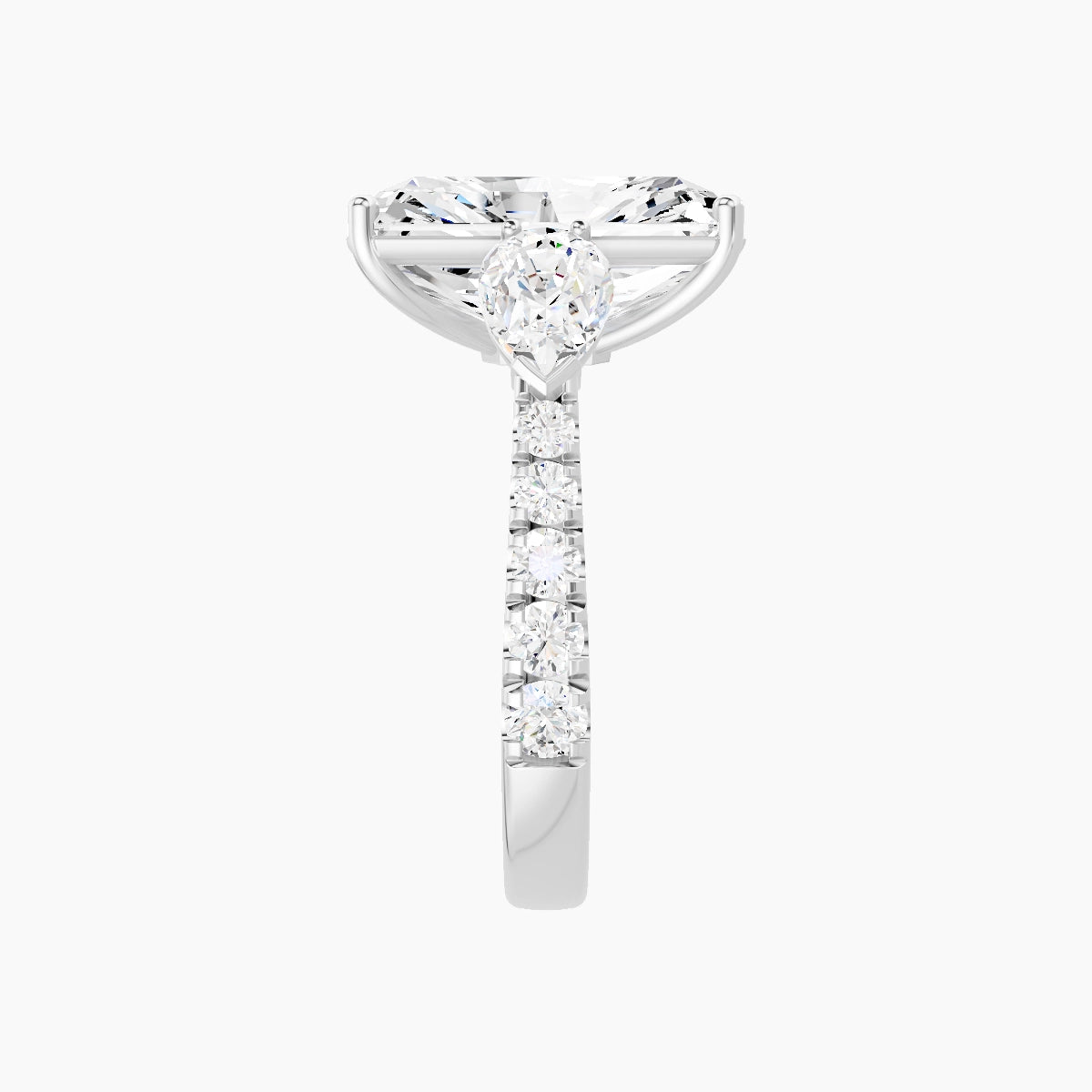 Classic Pear Trilogy with Reverse Shank | 18k White Gold 5 ct Radiant White Lab Diamond Ring