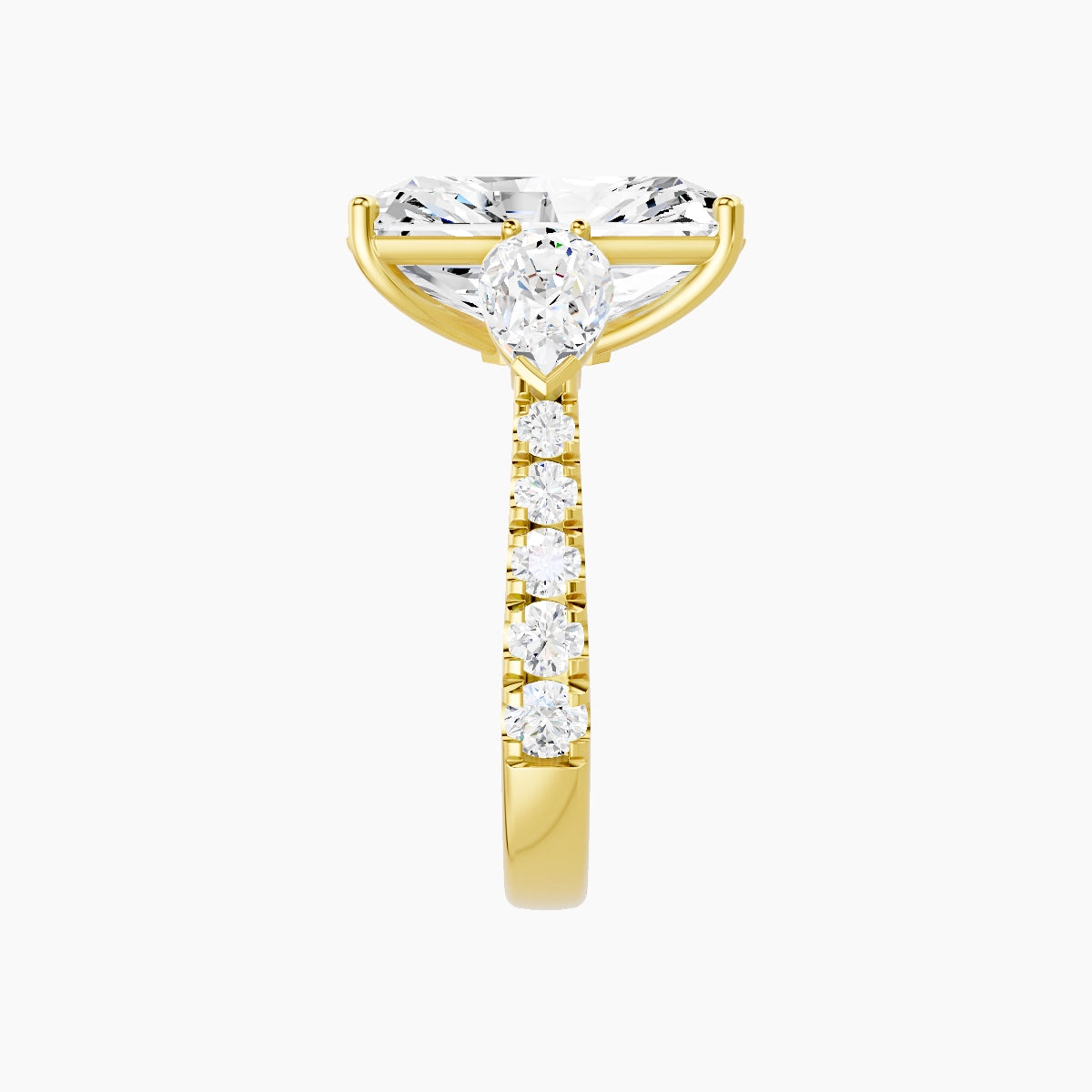 Classic Pear Trilogy with Reverse Shank | 18k Yellow Gold 5 ct Radiant White Lab Diamond Ring