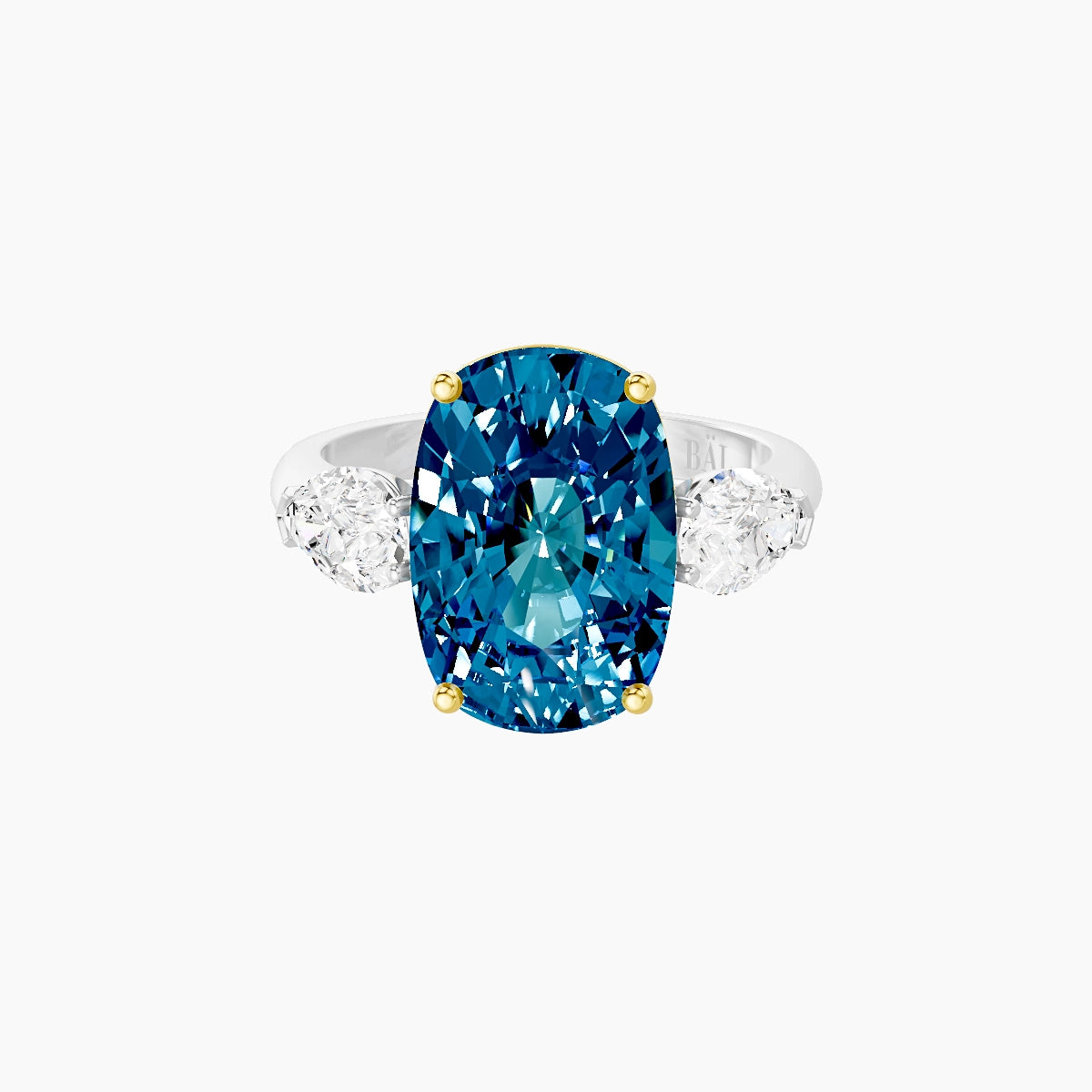 Classic Pear Trilogy | 18k White & Yellow Gold 5 ct Cushion Blue Lab Diamond Ring