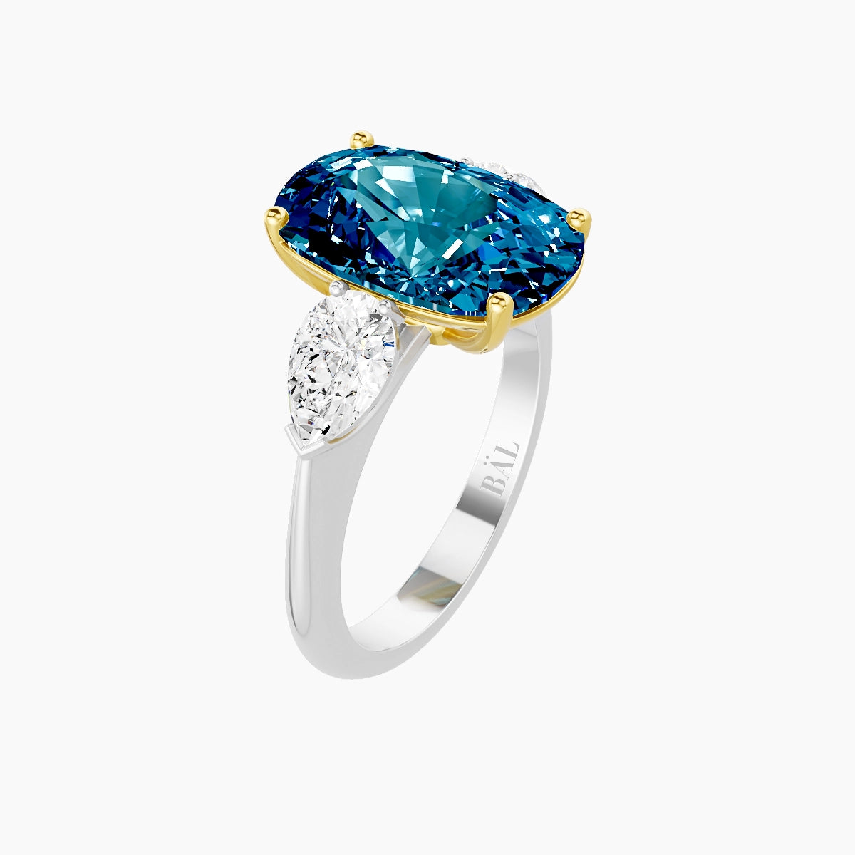 Classic Pear Trilogy | 18k White & Yellow Gold 5 ct Cushion Blue Lab Diamond Ring