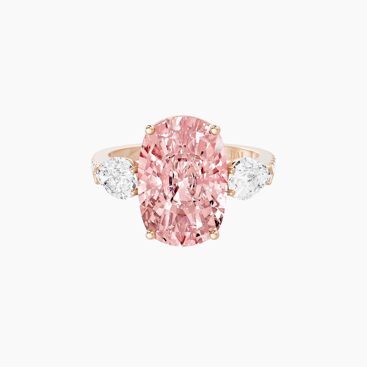 Classic Pear Trilogy with Straight Shank | 18k Rose Gold 5 ct Cushion Pink Lab Diamond Ring