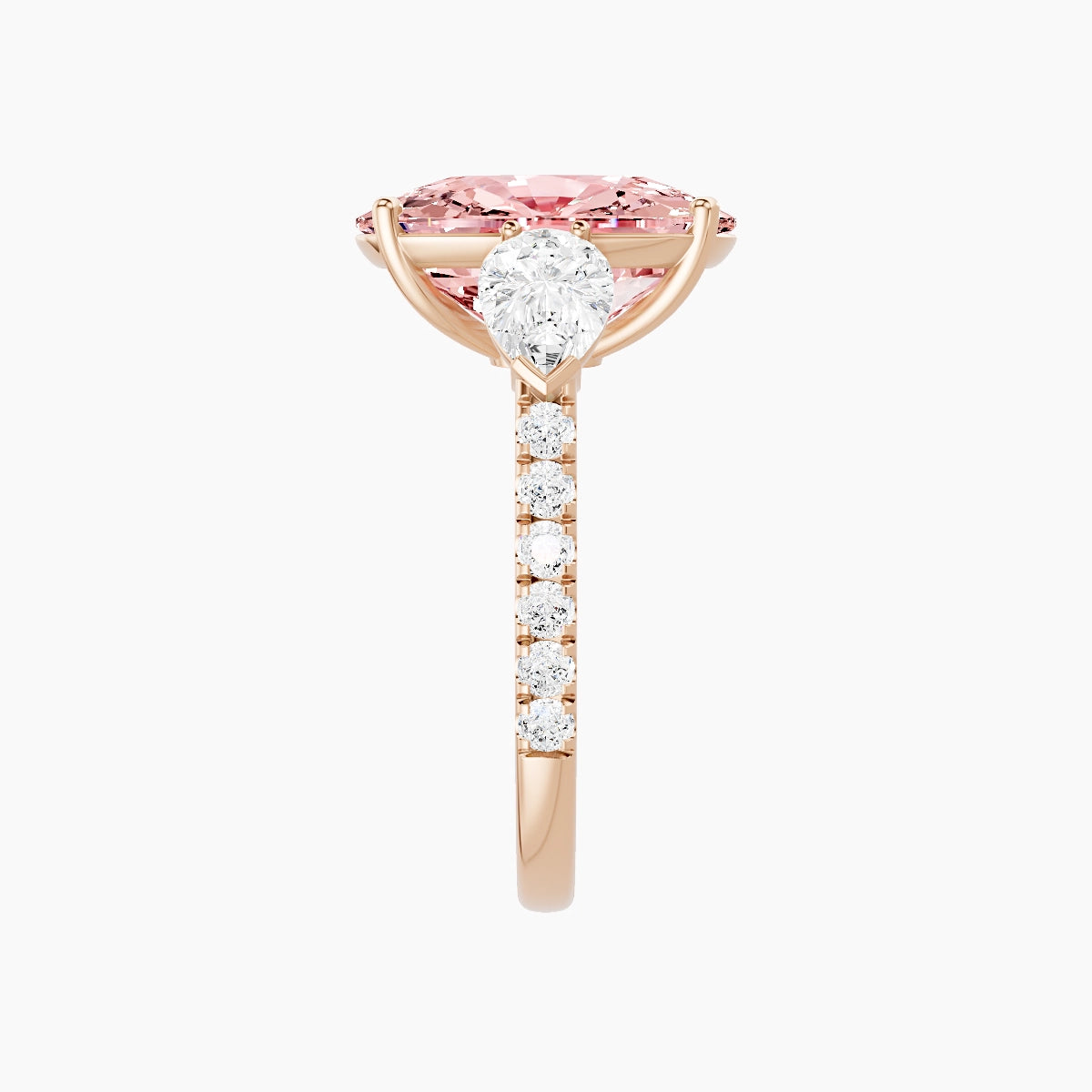 Classic Pear Trilogy with Straight Shank | 18k Rose Gold 5 ct Cushion Pink Lab Diamond Ring