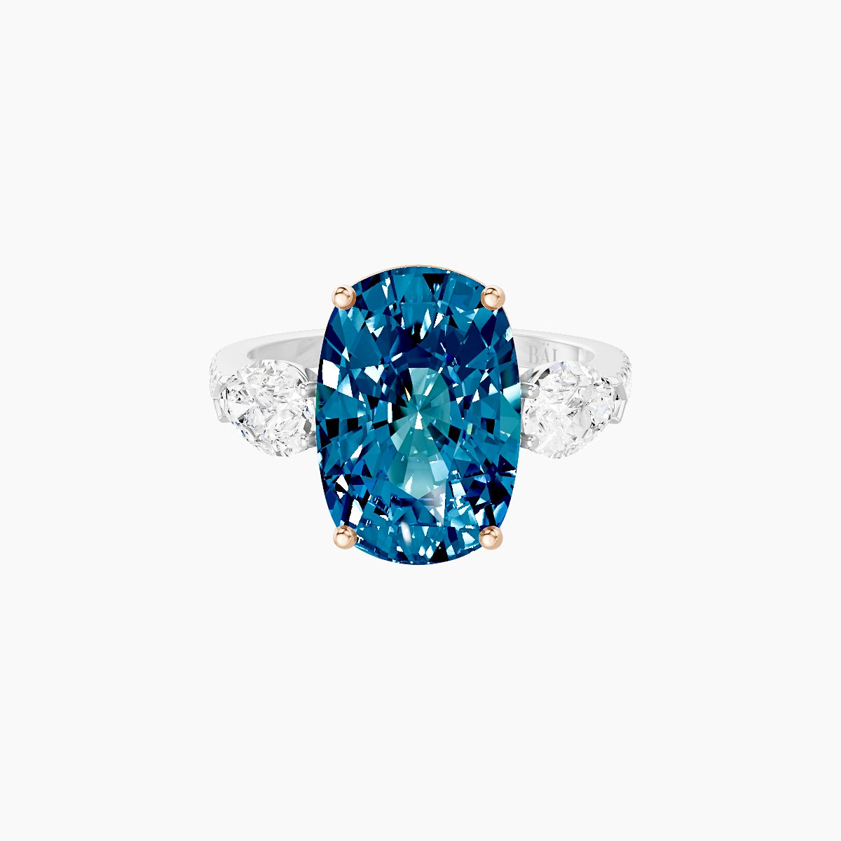 Classic Pear Trilogy with Straight Shank | 18k White & Rose Gold 5 ct Cushion Blue Lab Diamond Ring