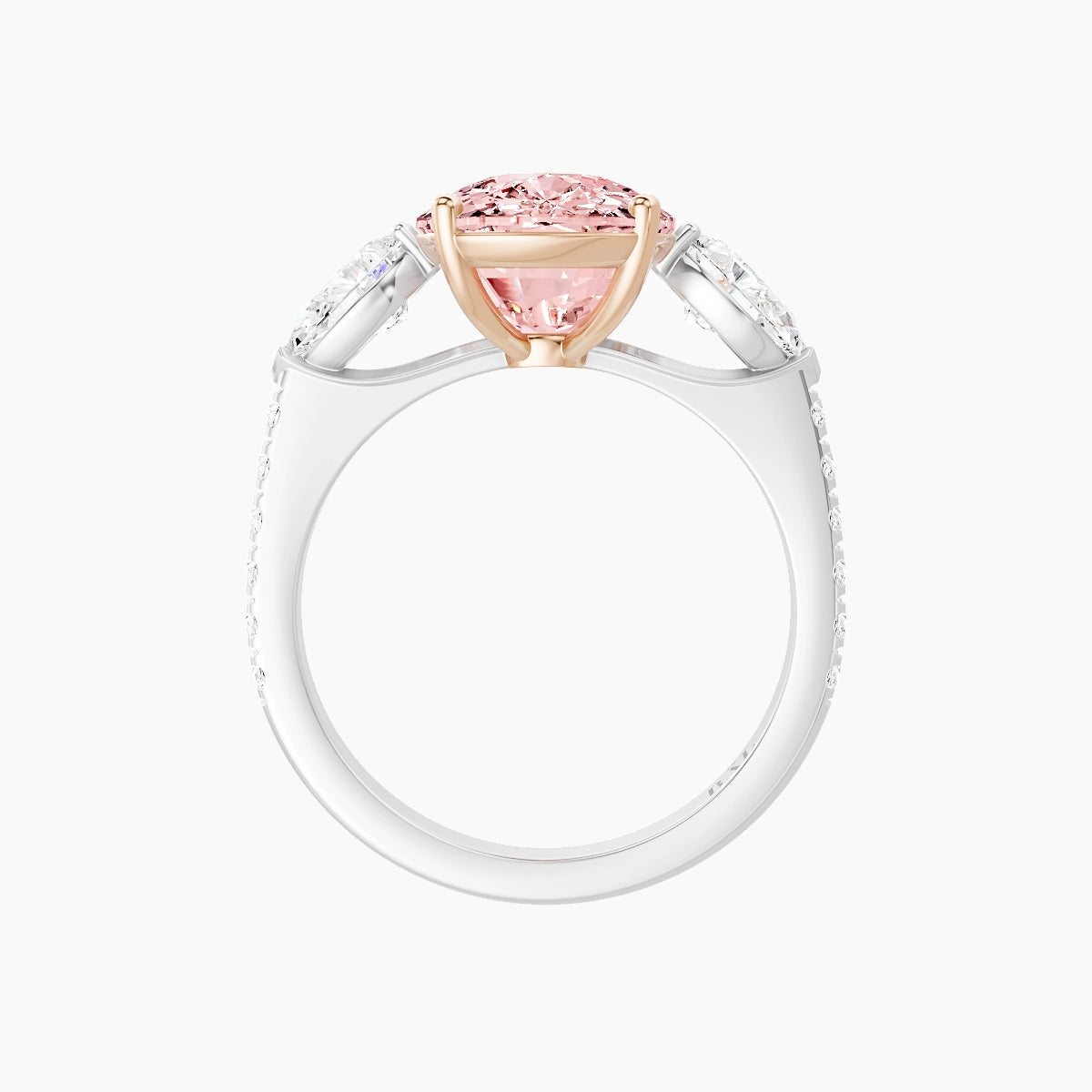 Classic Pear Trilogy with Straight Shank | 18k White & Rose Gold 5 ct Cushion Pink Lab Diamond Ring