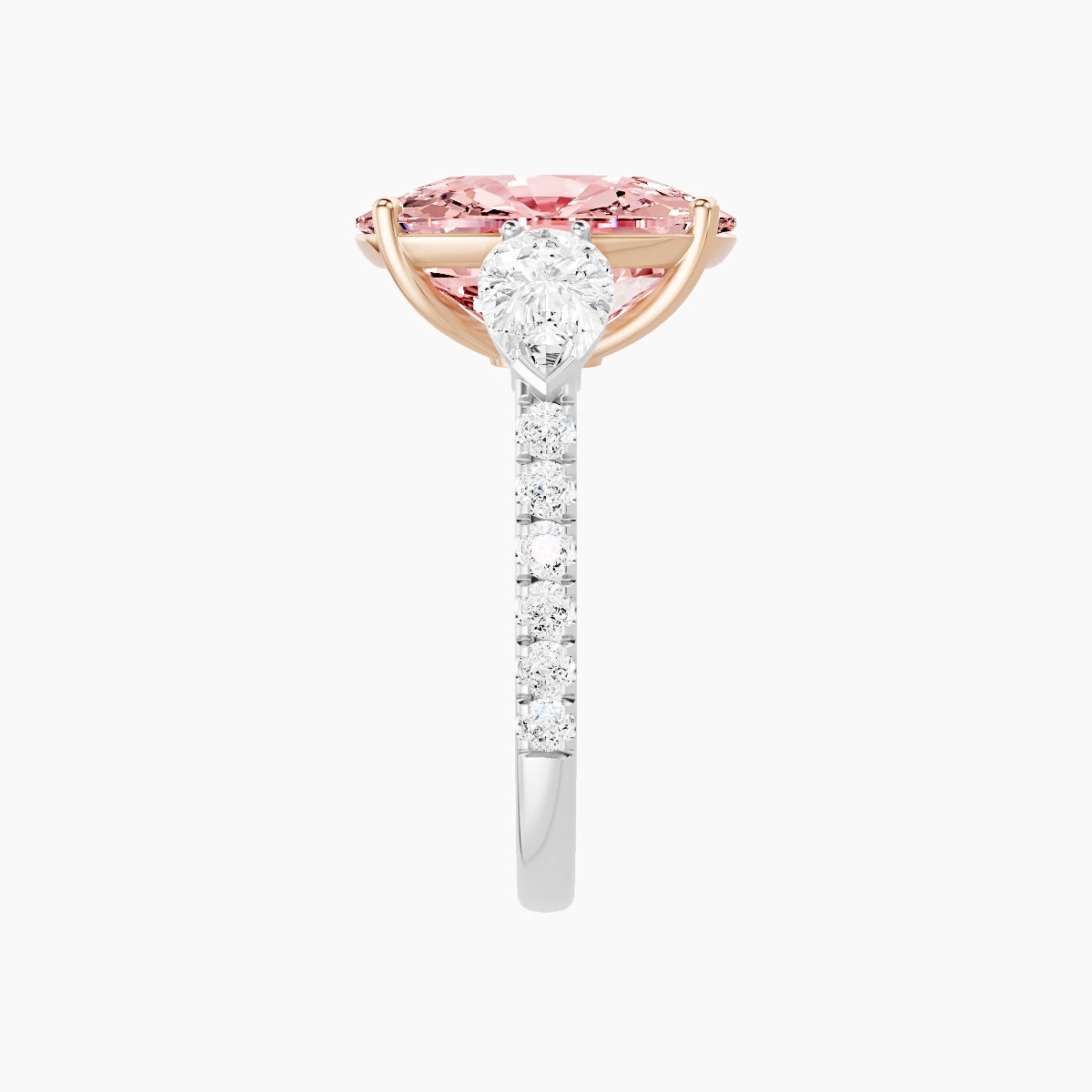 Classic Pear Trilogy with Straight Shank | 18k White & Rose Gold 5 ct Cushion Pink Lab Diamond Ring