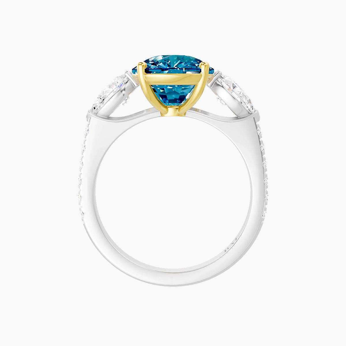Classic Pear Trilogy with Straight Shank | 18k White & Yellow Gold 5 ct Cushion Blue Lab Diamond Ring