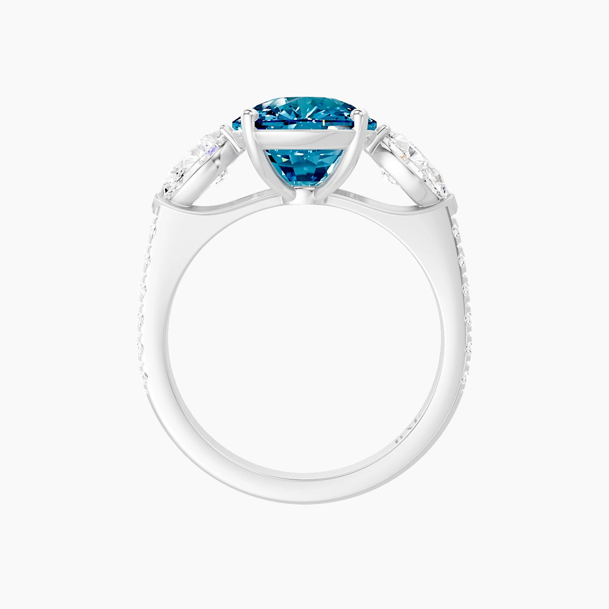 Classic Pear Trilogy with Straight Shank | 18k White Gold 5 ct Cushion Blue Lab Diamond Ring