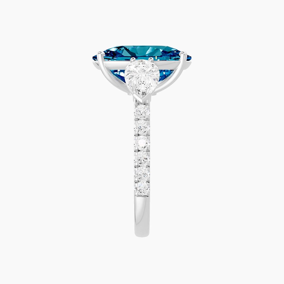 Classic Pear Trilogy with Straight Shank | 18k White Gold 5 ct Cushion Blue Lab Diamond Ring