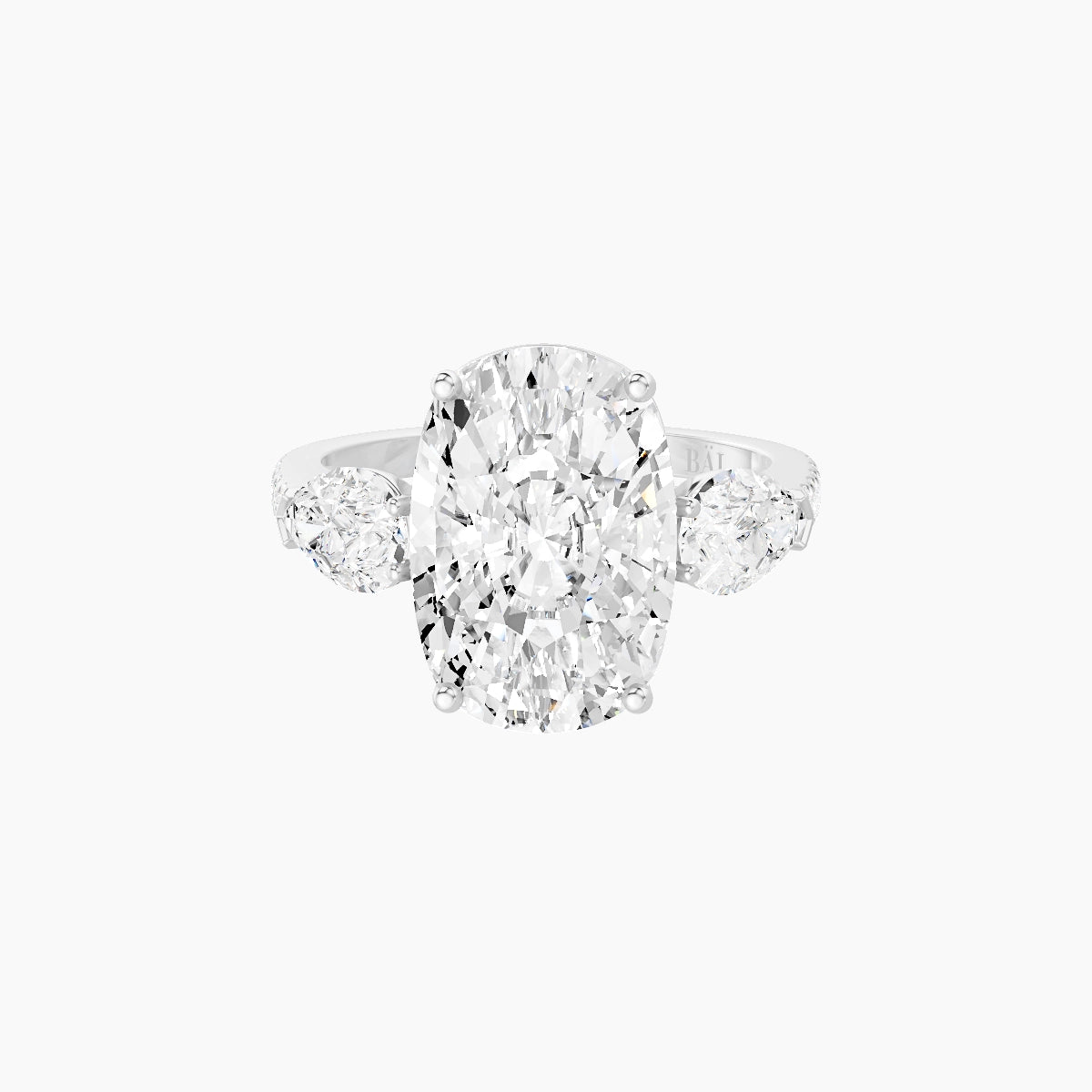 Classic Pear Trilogy with Straight Shank | 18k White Gold 5 ct Cushion White Lab Diamond Ring