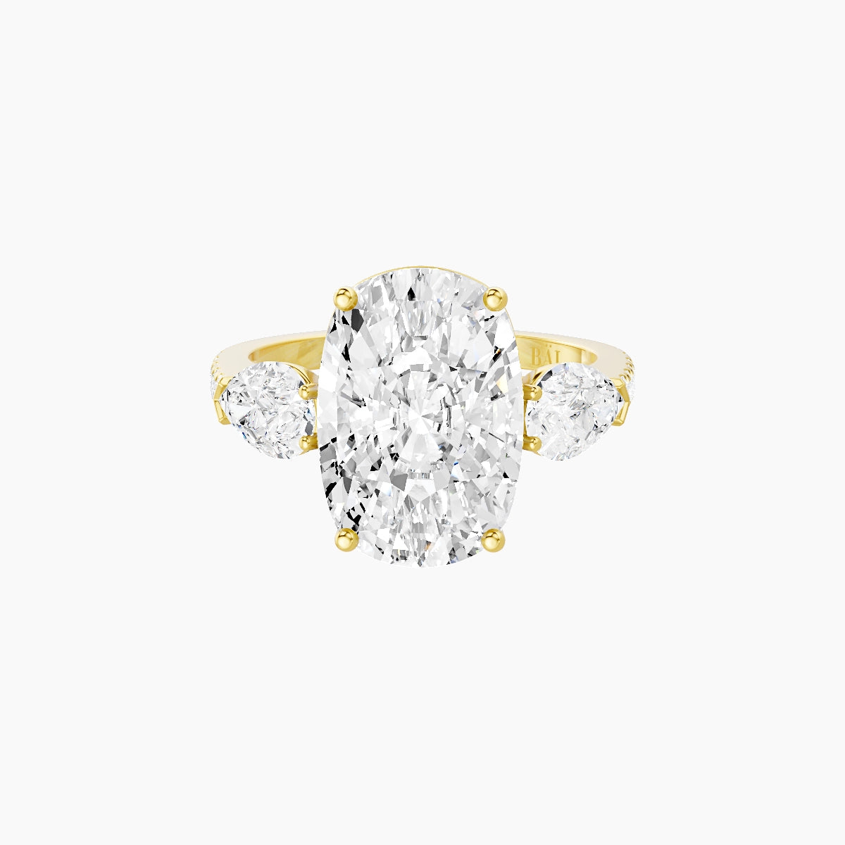 Classic Pear Trilogy with Straight Shank | 18k Yellow Gold 5 ct Cushion White Lab Diamond Ring