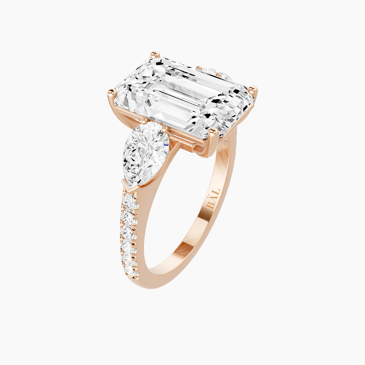 Classic Pear Trilogy with Straight Shank | 18k Rose Gold 5 ct Emerald White Lab Diamond Ring
