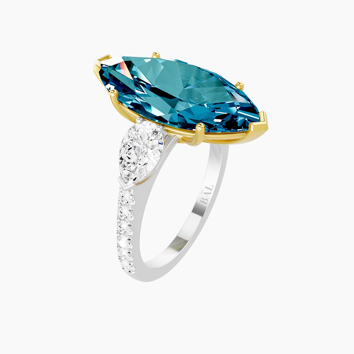 Classic Pear Trilogy with Straight Shank | 18k White & Yellow Gold 5 ct Marquise Blue Lab Diamond Ring