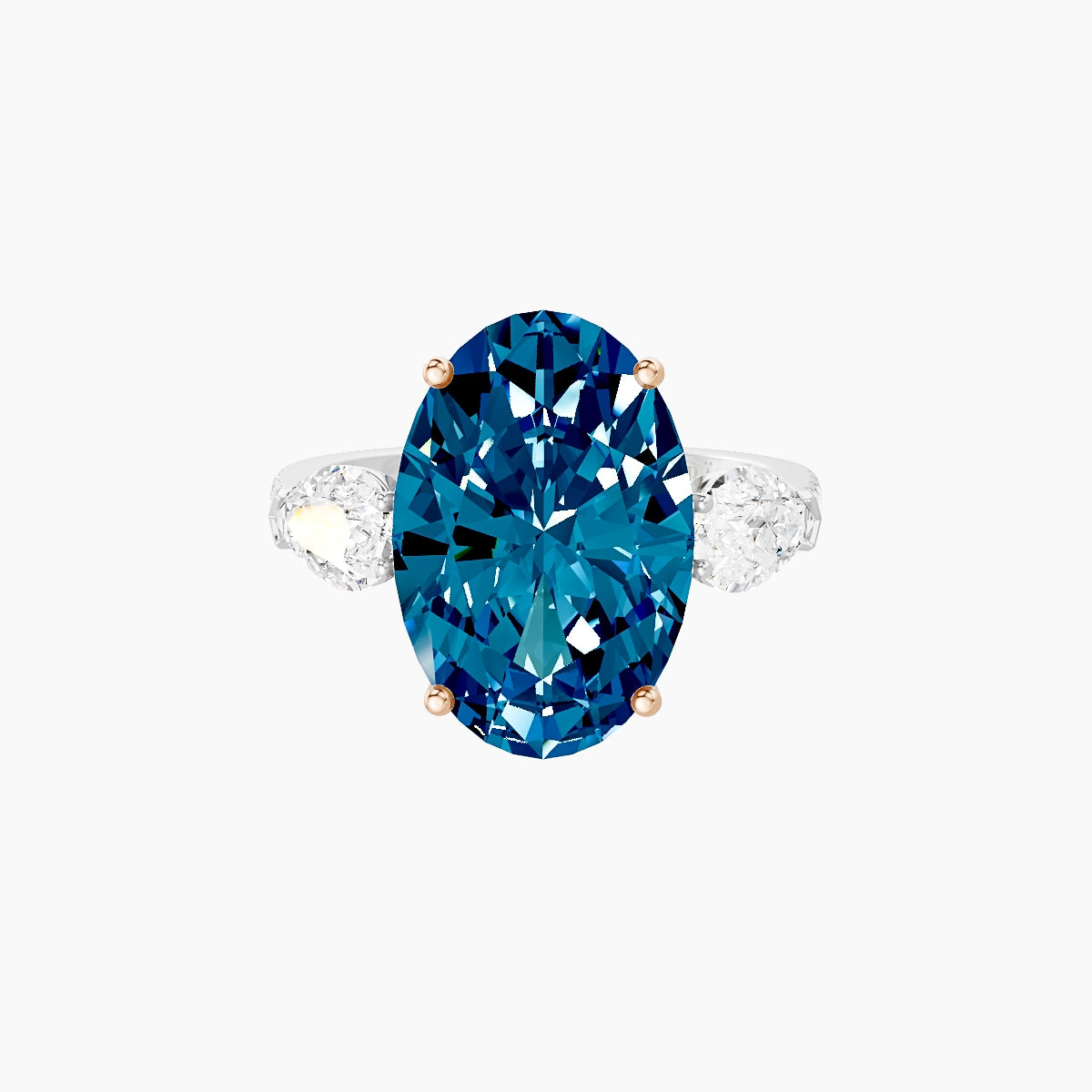 Classic Pear Trilogy with Straight Shank | 18k White & Rose Gold 5 ct Oval Blue Lab Diamond Ring